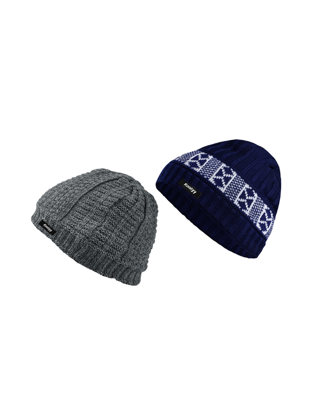 

Knotyy Men Pack of 2 Self Design Knitted Wollen Beanies, Navy blue