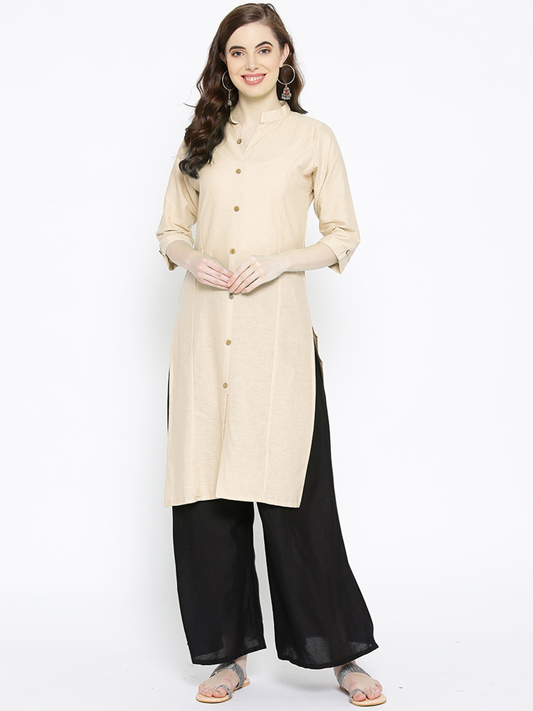 

Vastraa Fusion Women Blue Solid Straight Pure Cotton Kurta, Off white