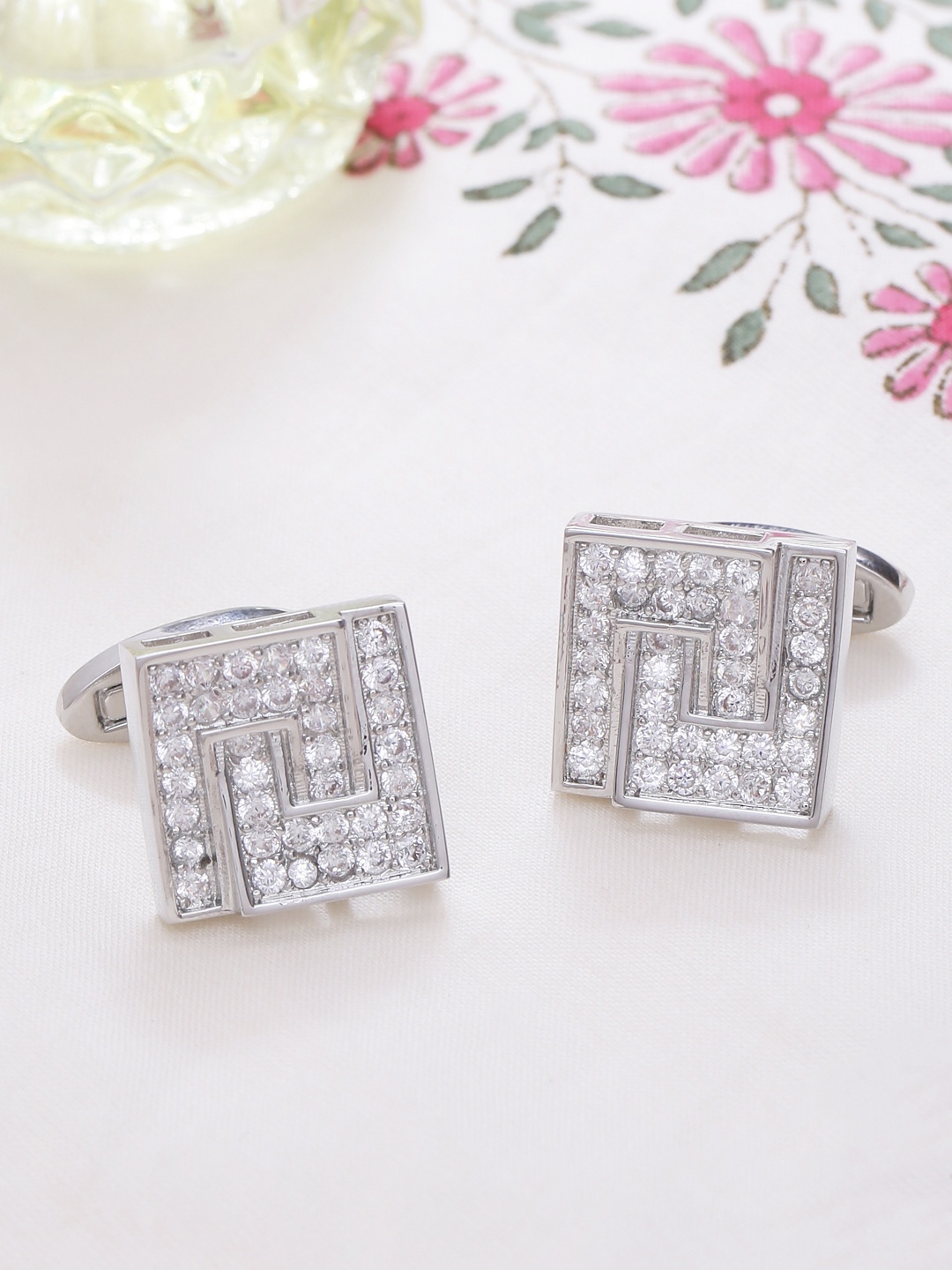 

Tistabene Rhodium-Plated & Silver-Toned Square Embellished Cufflinks