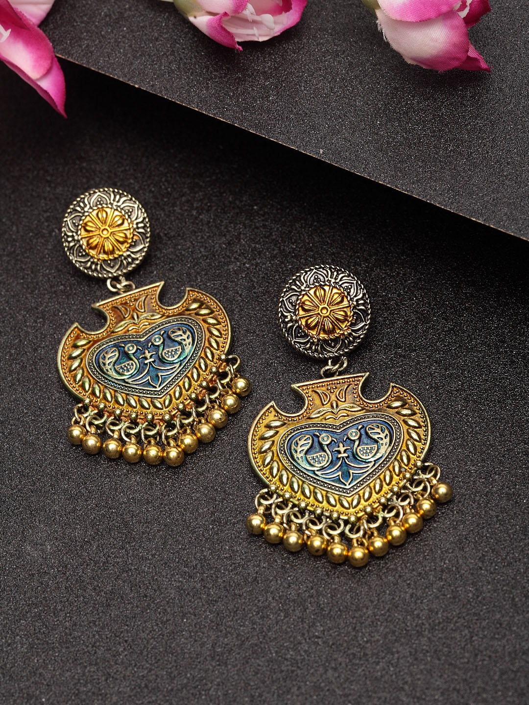 

Moedbuille Gold-Plated & Blue Classic Hand-Painted Meenakari Drop Earrings