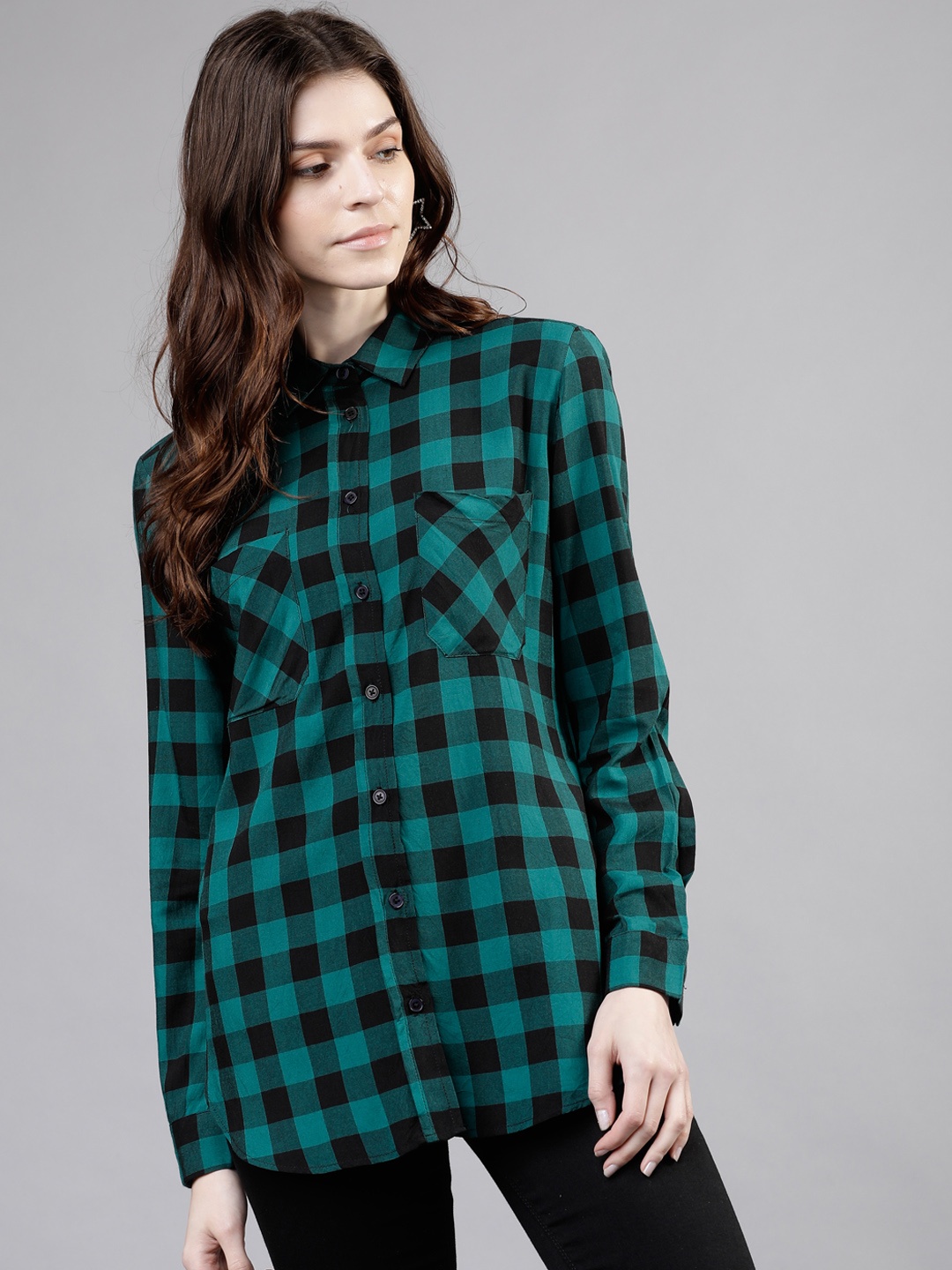 

Tokyo Talkies Women Green Regular Fit Checked Casual Shirt