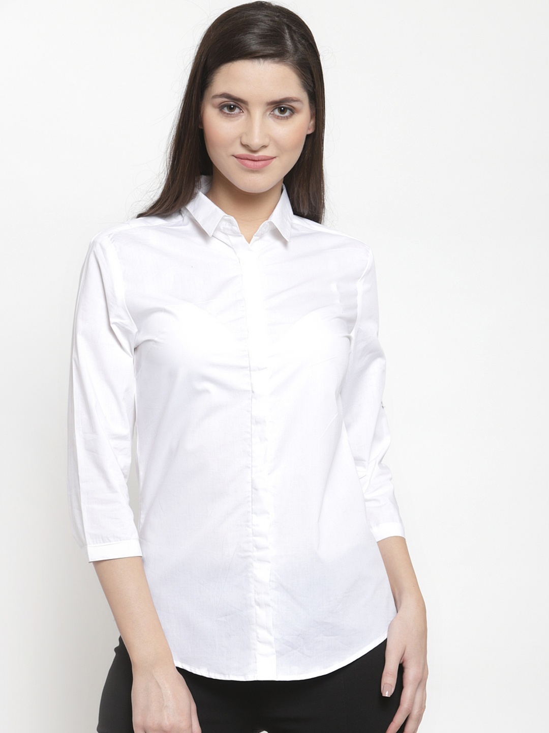 

Hancock Women White Solid Slim Fit Pure Cotton Formal Shirt