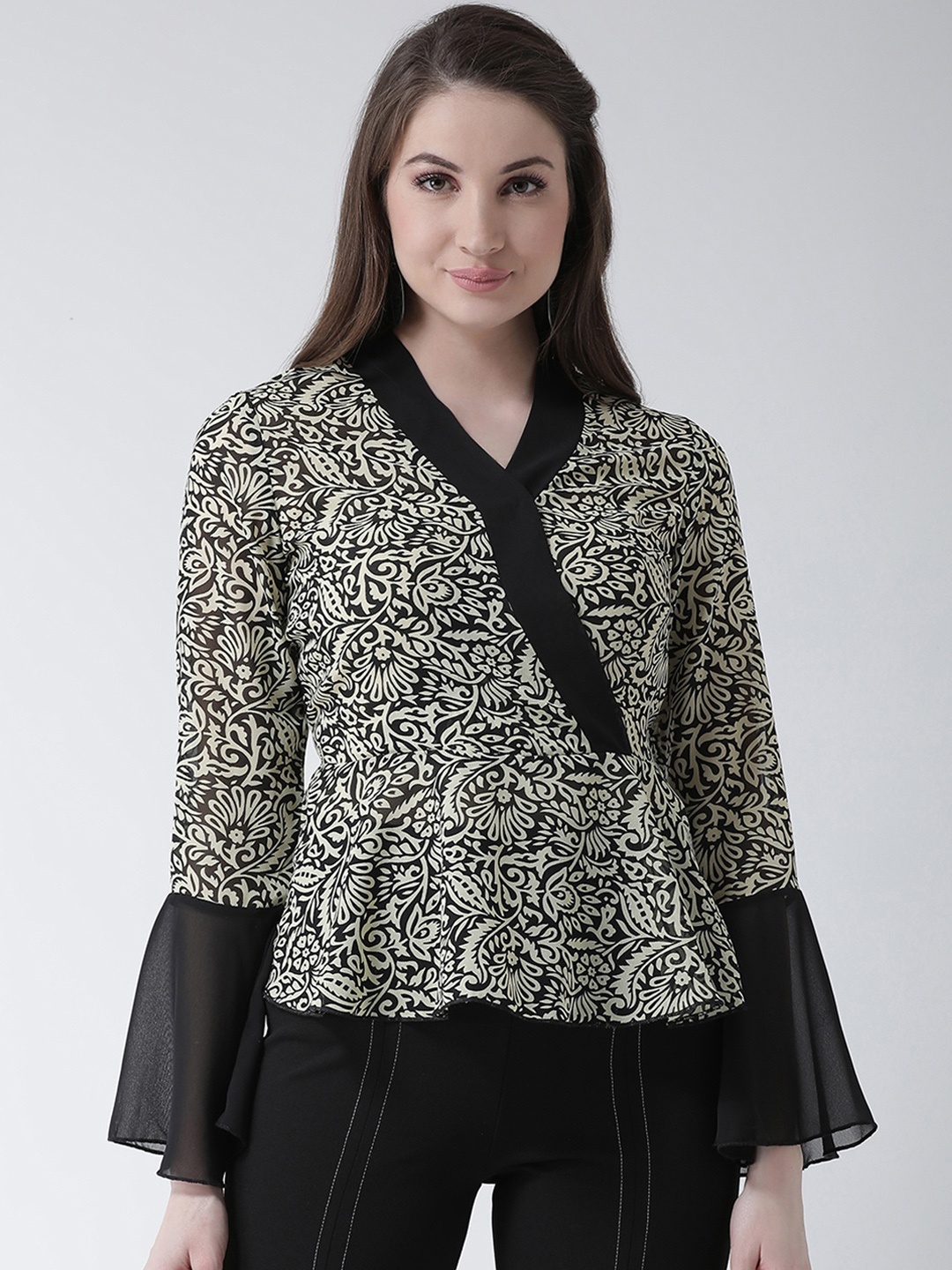 

KASSUALLY Women Beige & Black Printed Wrap Top