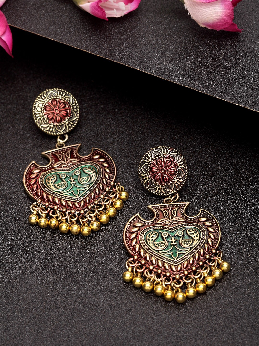

Moedbuille Gold-Plated & Red Classic Hand-Painted Meenakari Drop Earrings