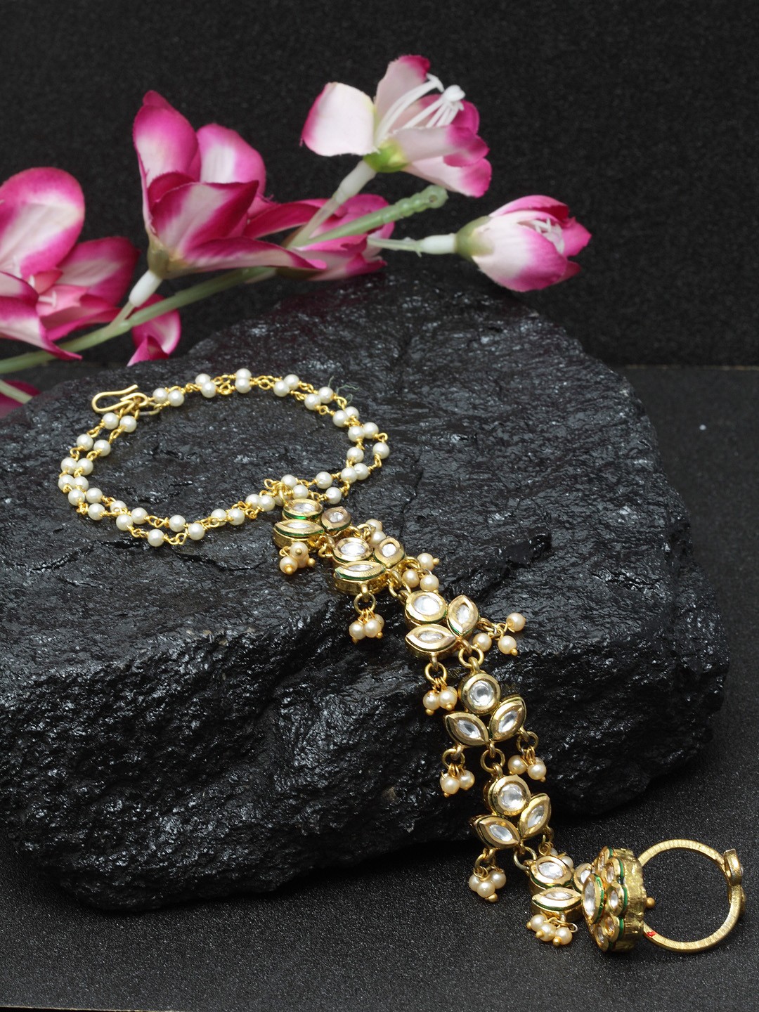 

DUGRISTYLE Gold-Plated Handcrafted Kundan Polki & Pearl Studded Ring Bracelet