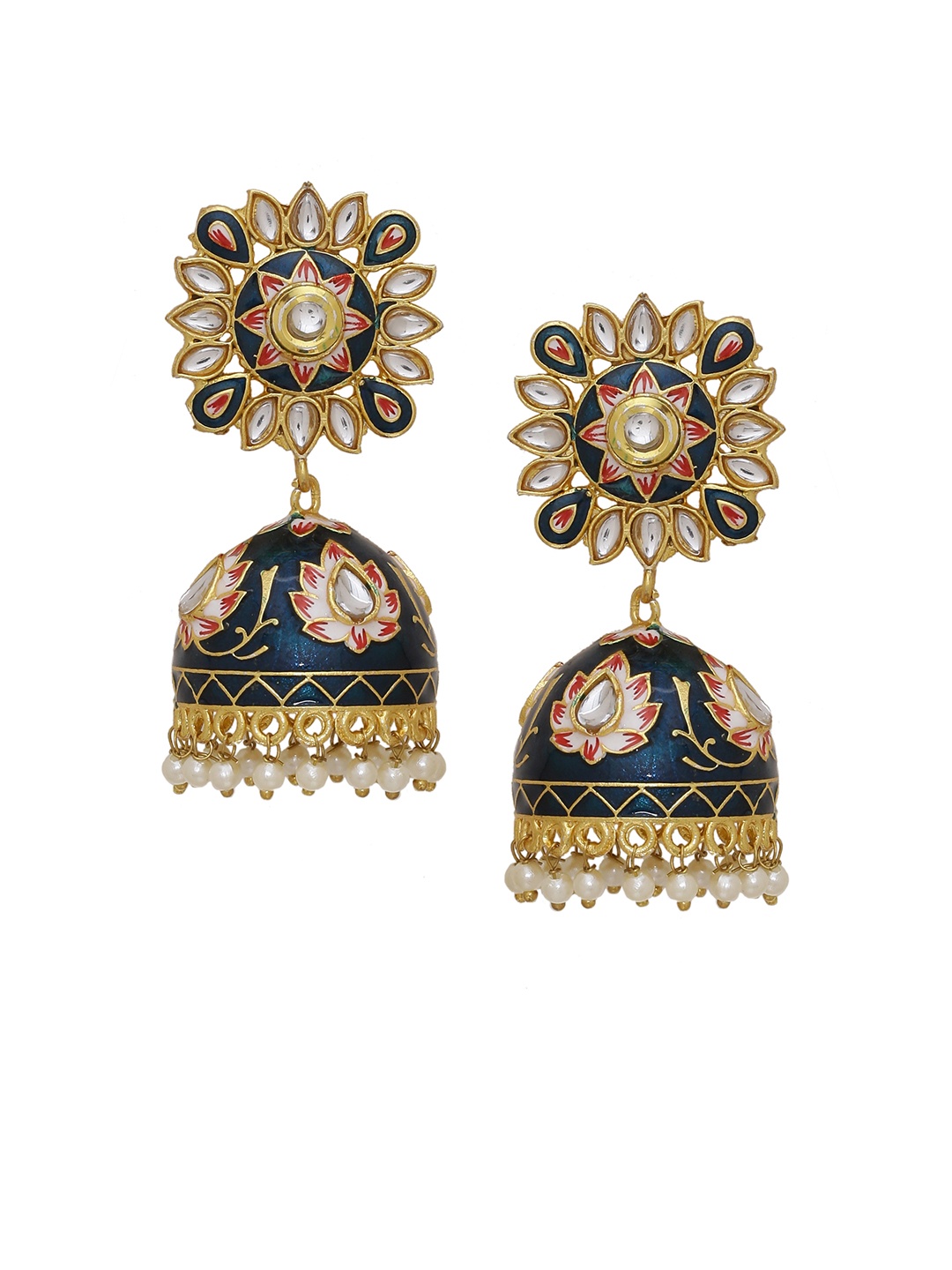 

Silvermerc Designs Gold-Plated & Navy Blue Meenakari Floral Jhumkas