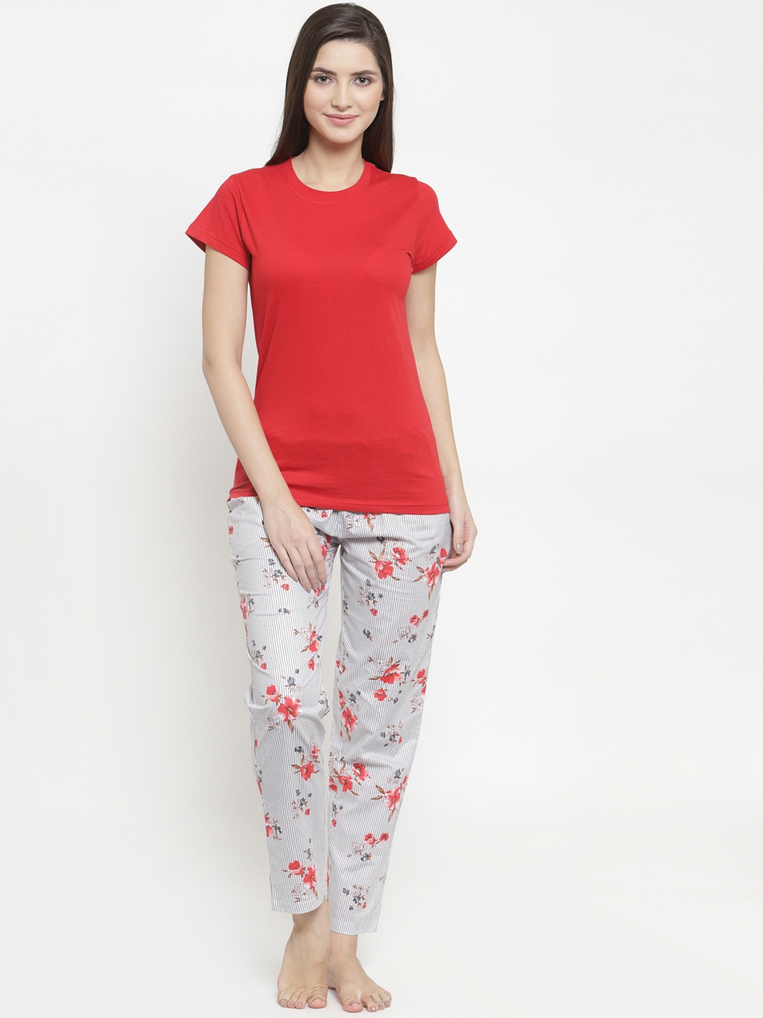 

Claura Women Red & Grey Solid Night suit