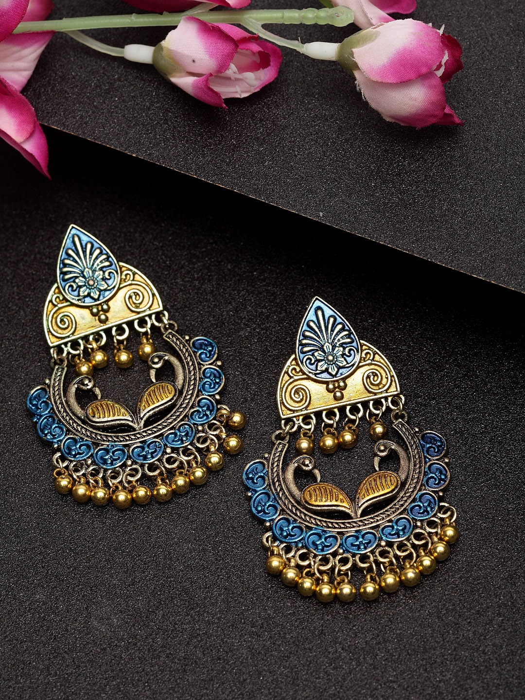 

Moedbuille Gold-Plated & Blue Handcrafted Meenakari Classic Drop Earrings