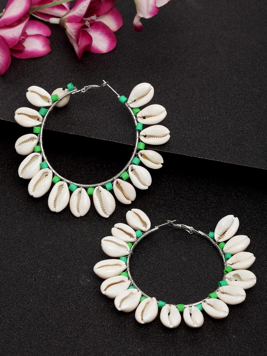 

Moedbuille Green & White Handcrafted Circular Hoop Earrings
