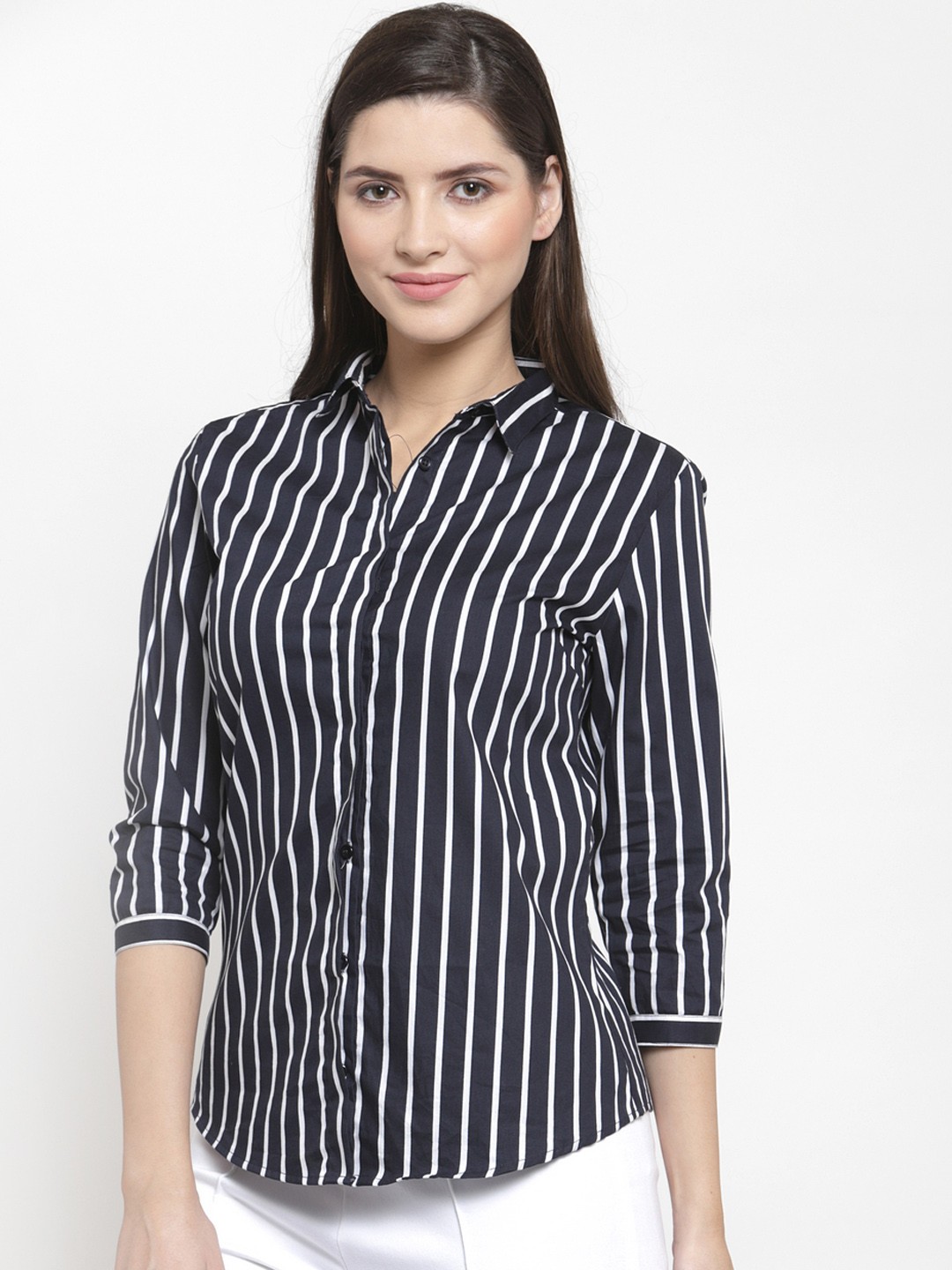 

Hancock Women Navy Blue & White Regular Fit Striped Formal Shirt