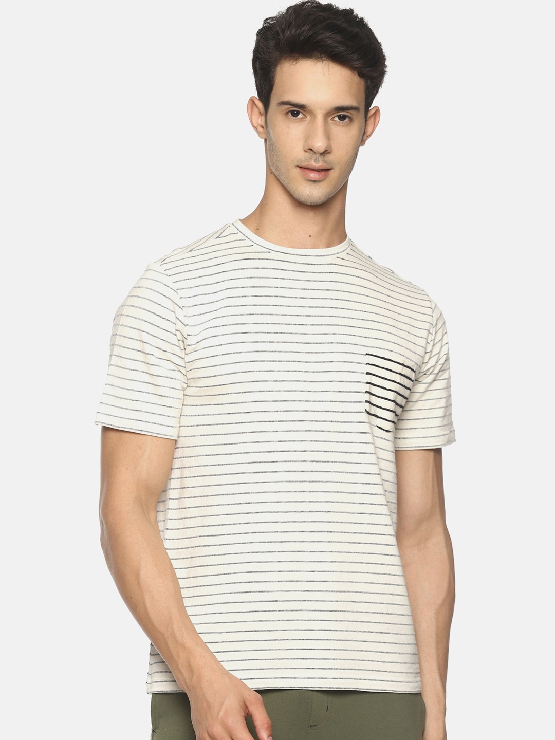

Soul Space Men Off-White Striped Round Neck T-shirt