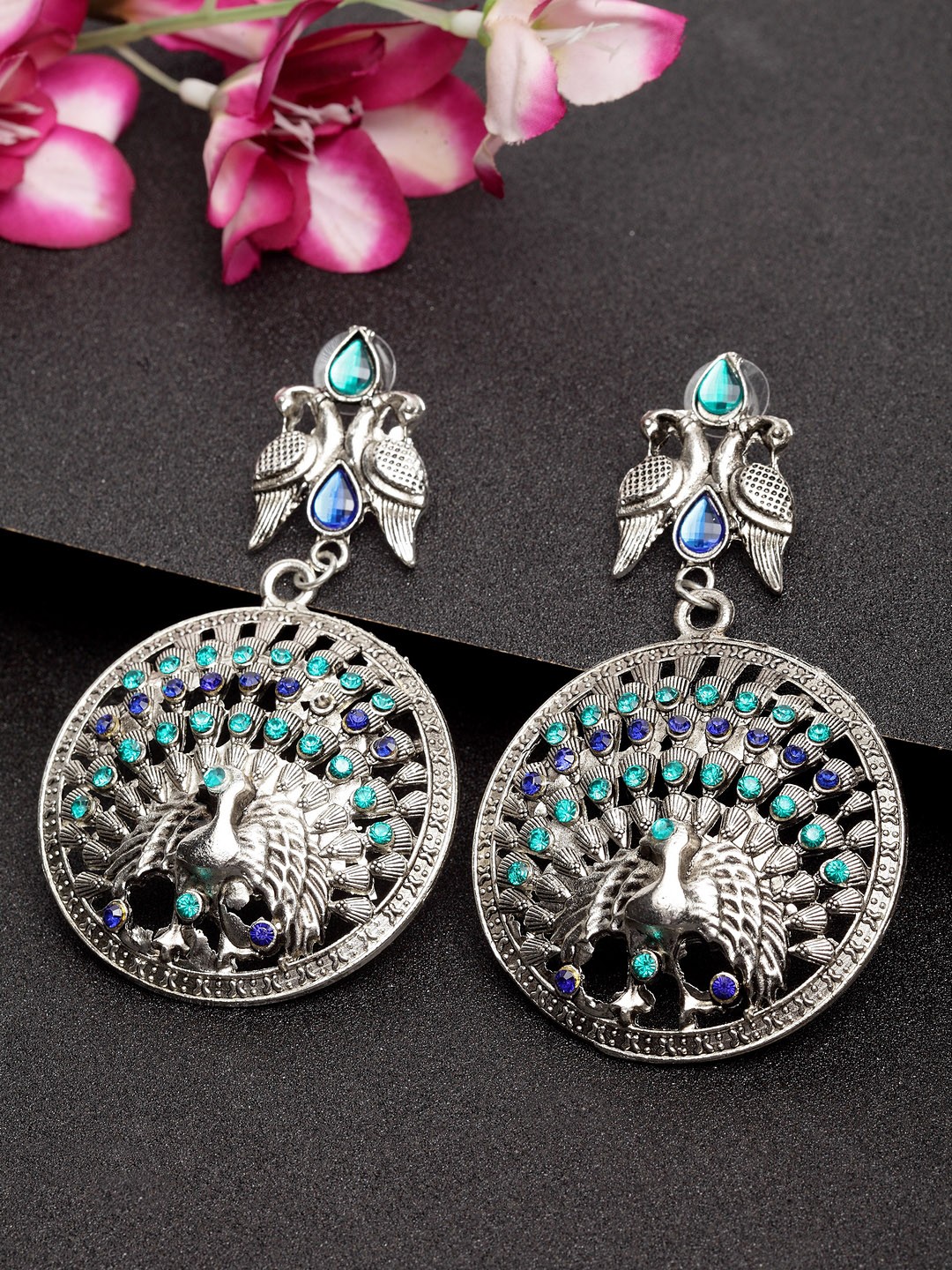 

Moedbuille Silver-Plated & Blue Handcrafted Peacock Shaped Drop Earrings