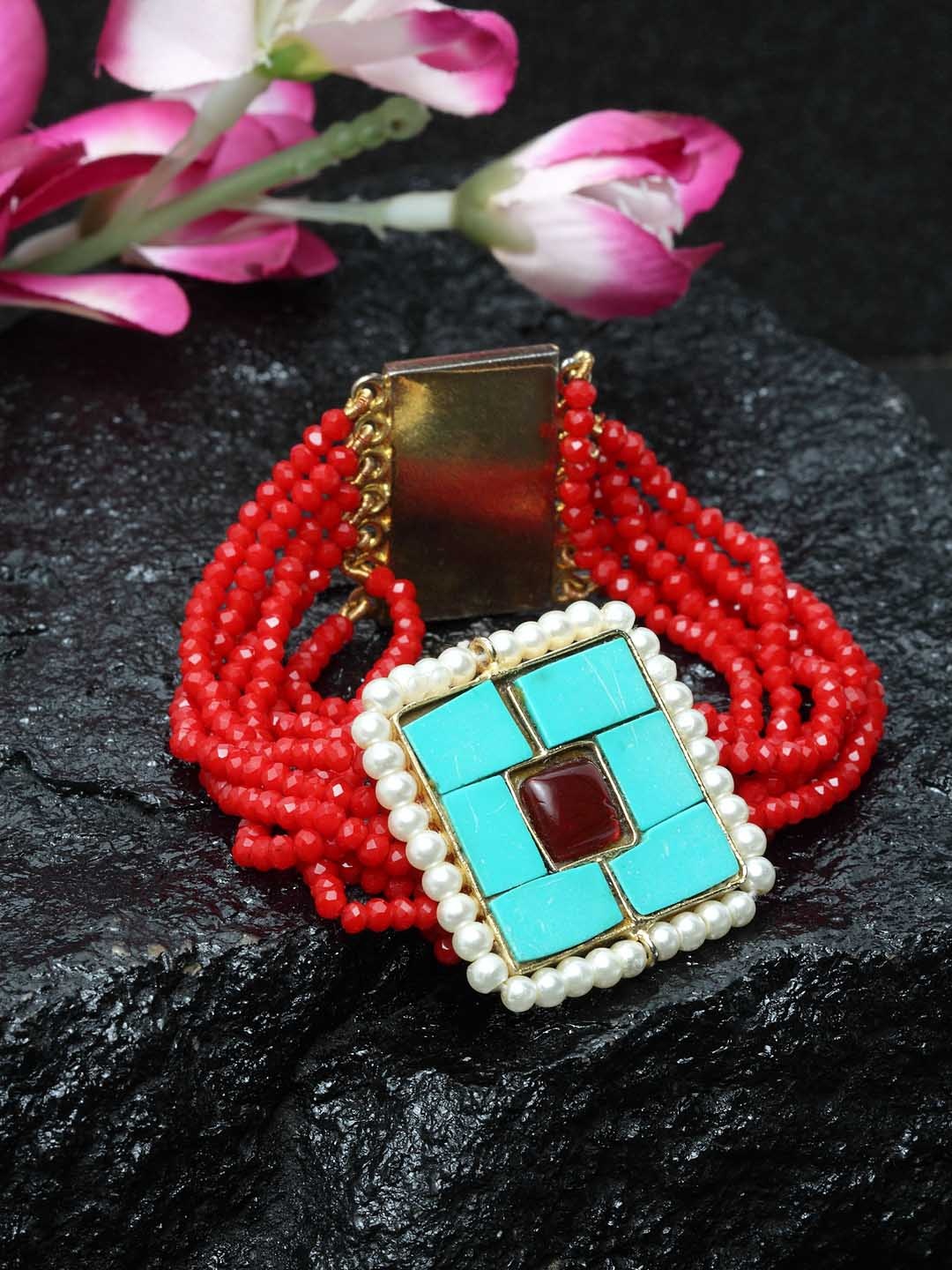 

DUGRISTYLE Blue & Red Gold-Plated Handcrafted Multistrand Bracelet