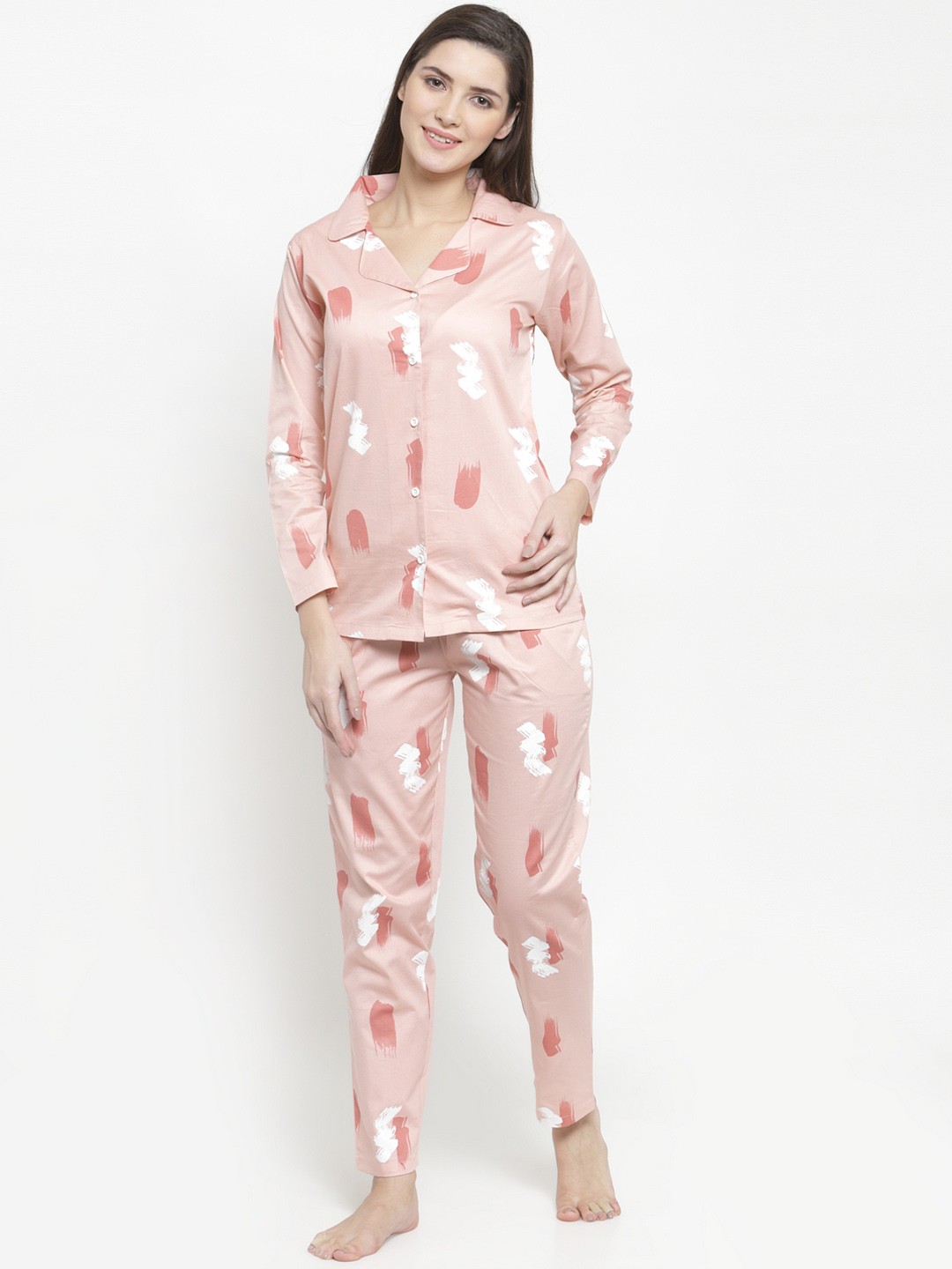

Claura Women Nude-Coloured & White Printed Night suit