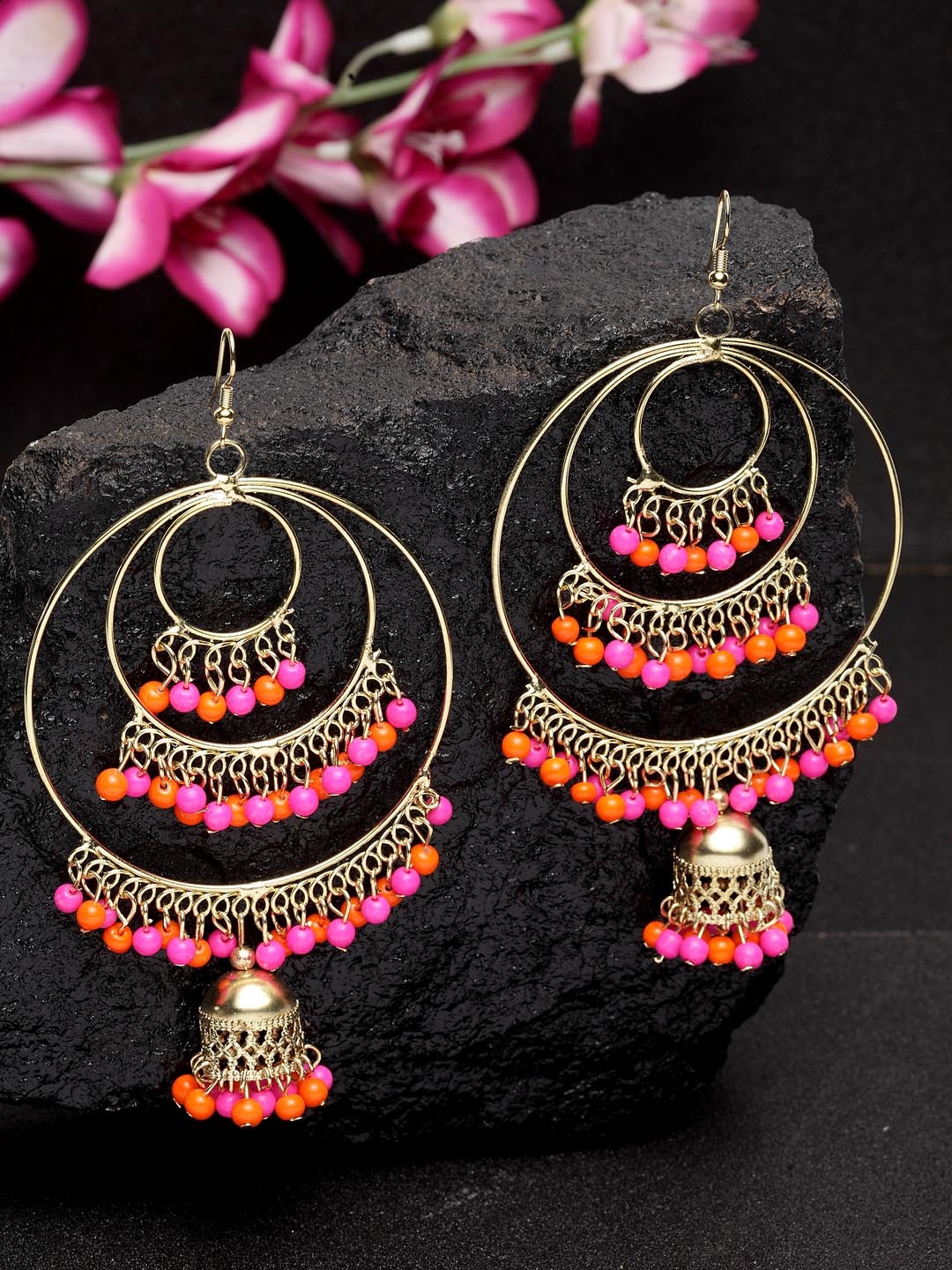 

Moedbuille Gold-Plated & Pink Handcrafted Oxidised Circular Jhumkas