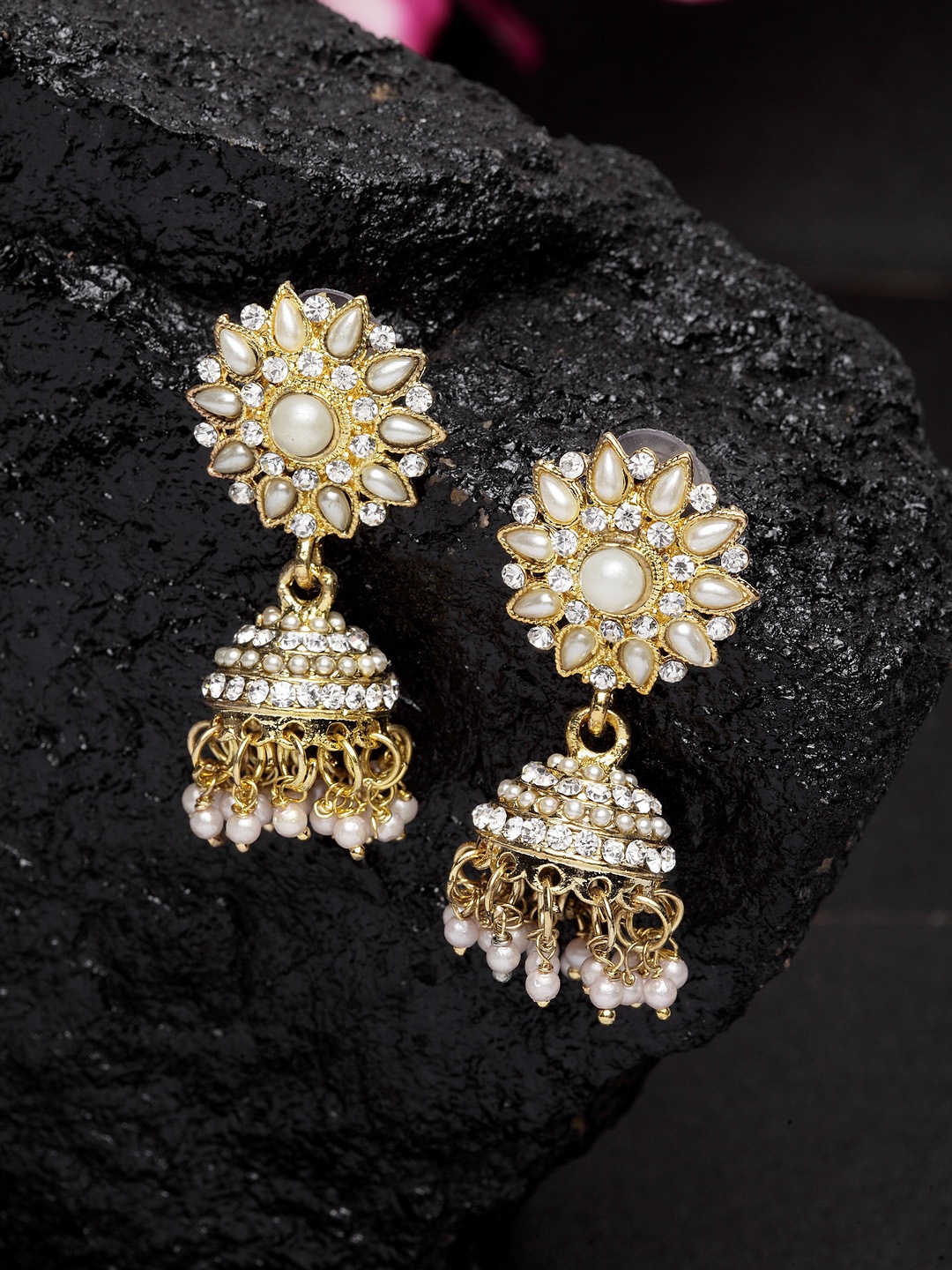 

Moedbuille Gold-Toned Dome Shaped Handcrafted Oxidised Jhumkas