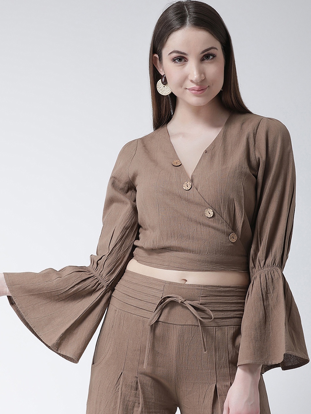 

KASSUALLY Women Brown Solid Wrap Crop Top
