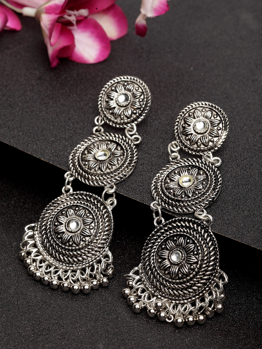 

Moedbuille Silver-Plated Circular Handcrafted Oxidised Drop Earrings