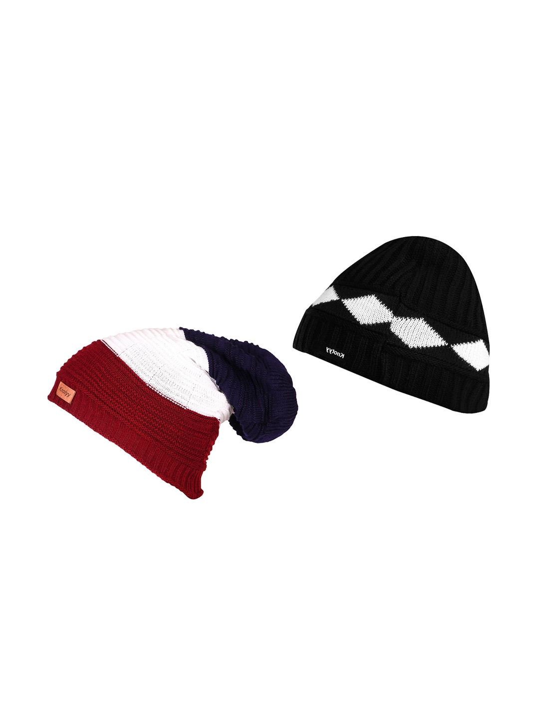 

Knotyy Men Pack of 2 Black & White Colourblocked Woolen Beanies