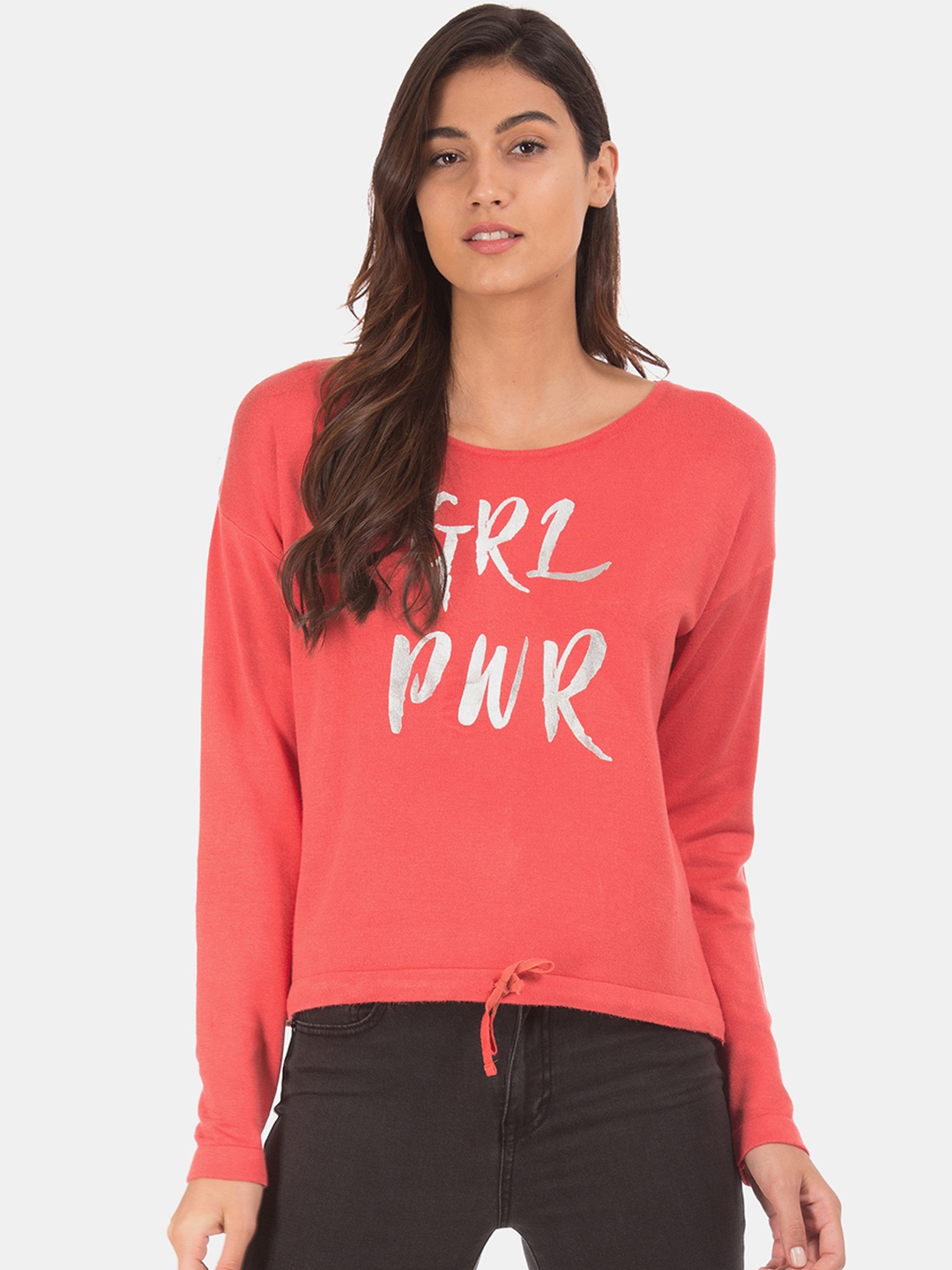 

Flying Machine Women Coral Pink Printed Sweater