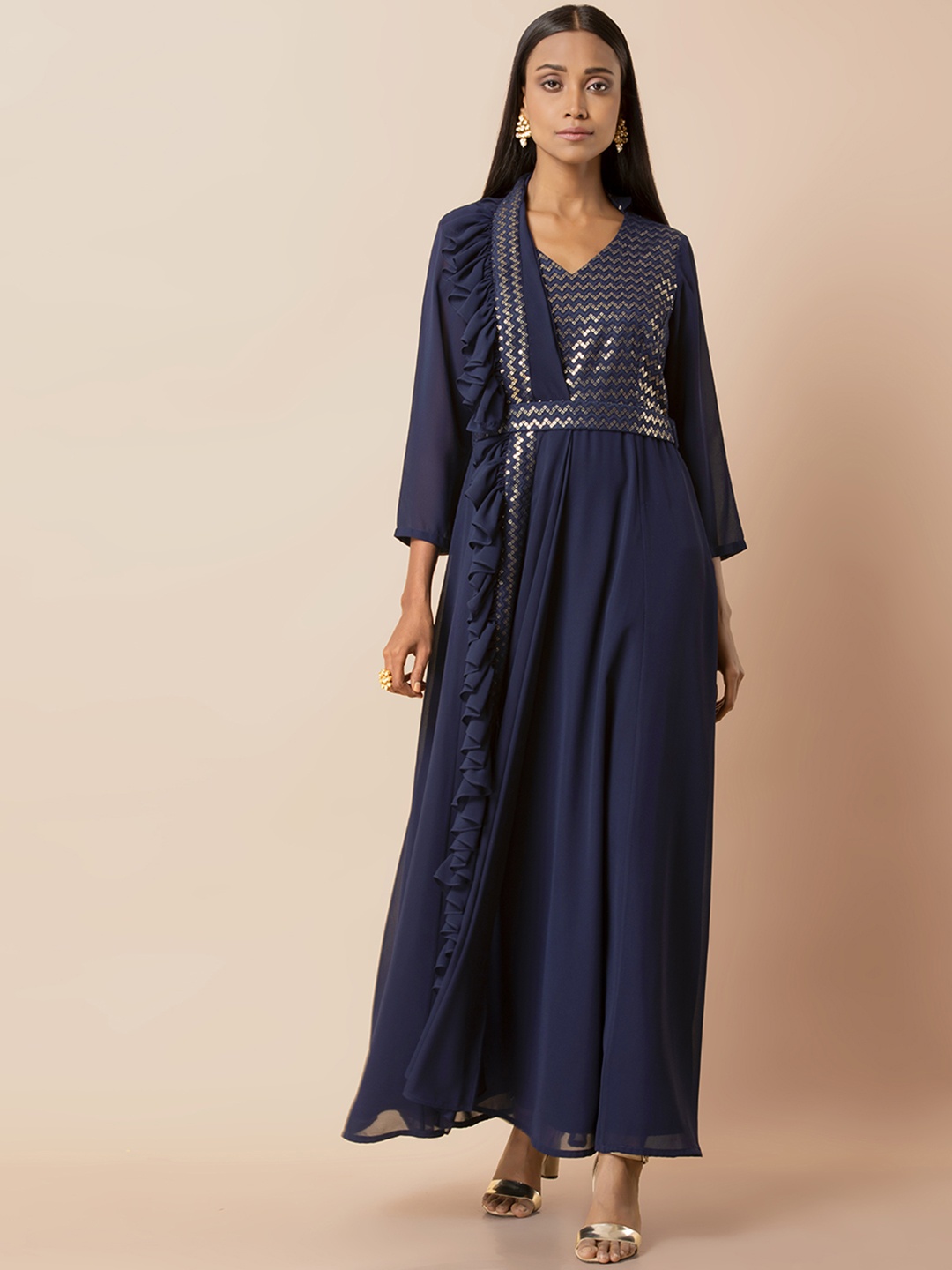 

INDYA Women Navy Belted Anarkali Dress with Attached Dupatta, Navy blue
