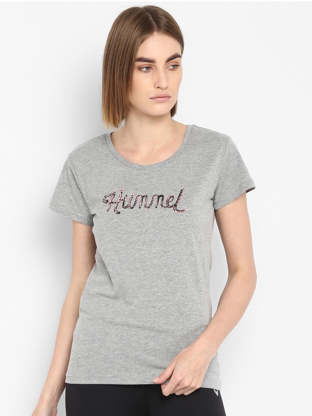 

hummel Women Grey Melange Printed Round Neck T-shirt