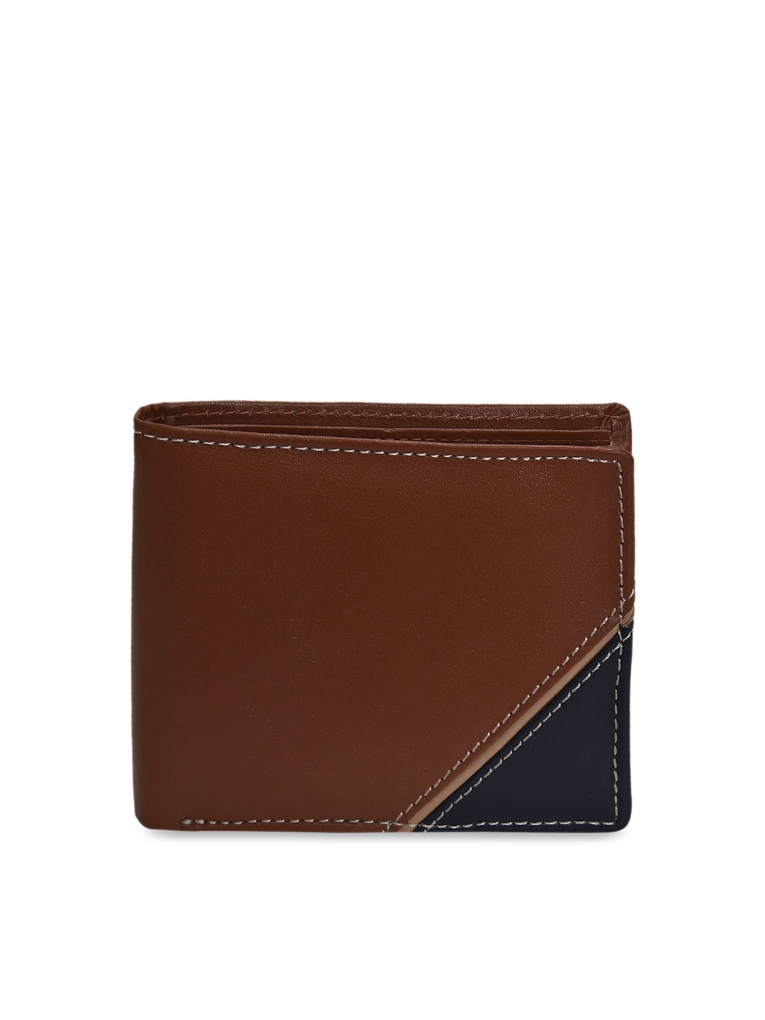 

Peseta Men Tan Brown & Navy Blue Colourblocked Two Fold Leather Wallet