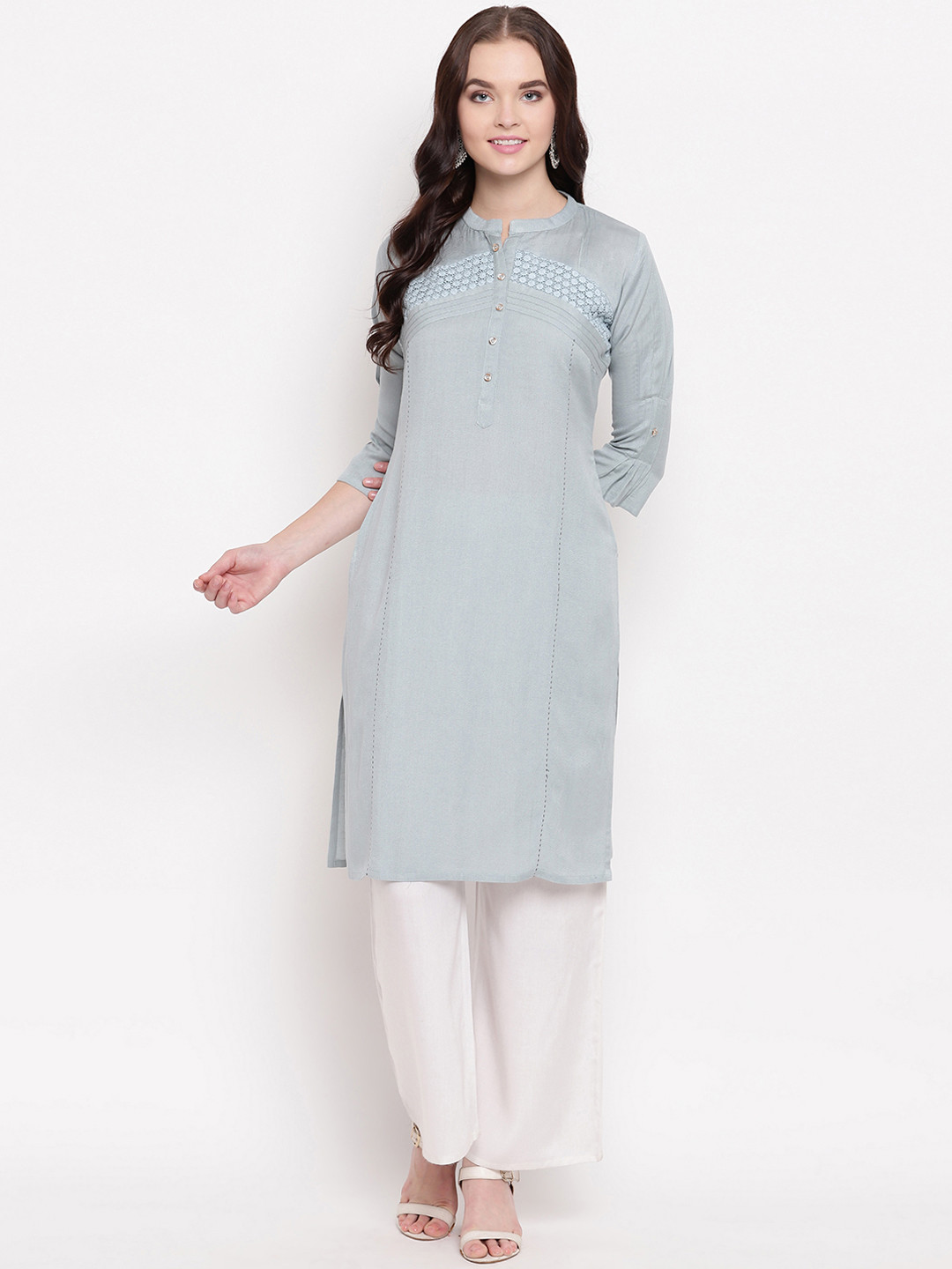 

Kvsfab Women Grey Woven Design Straight Kurta
