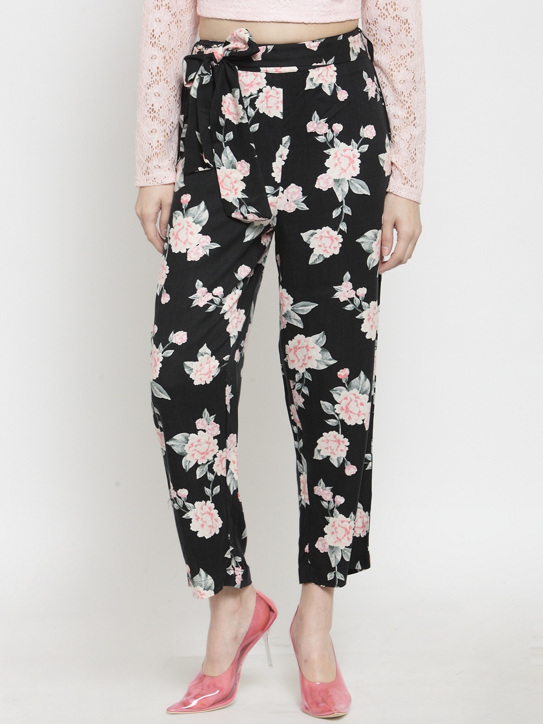 

Sera Women Black & Pink Tapered Fit Printed Regular Trousers