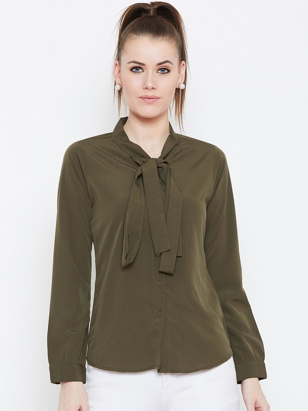 

Berrylush Women Olive Green Solid Shirt Style Top