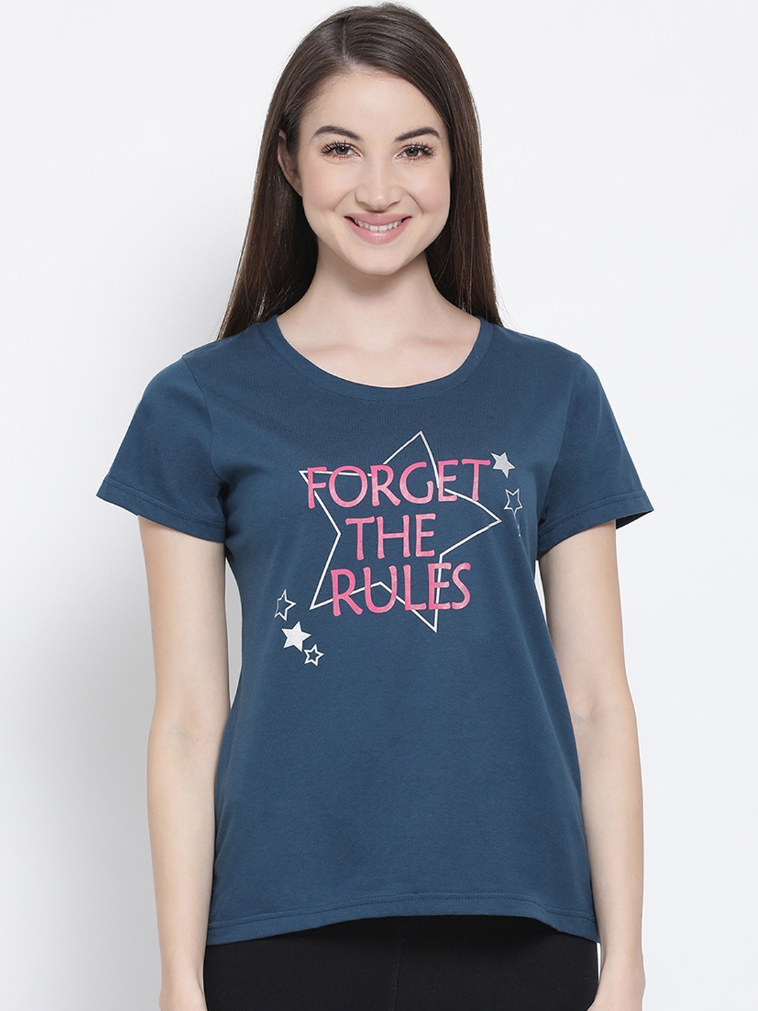Clovia Women Teal Blue Printed Round Neck T-shirt