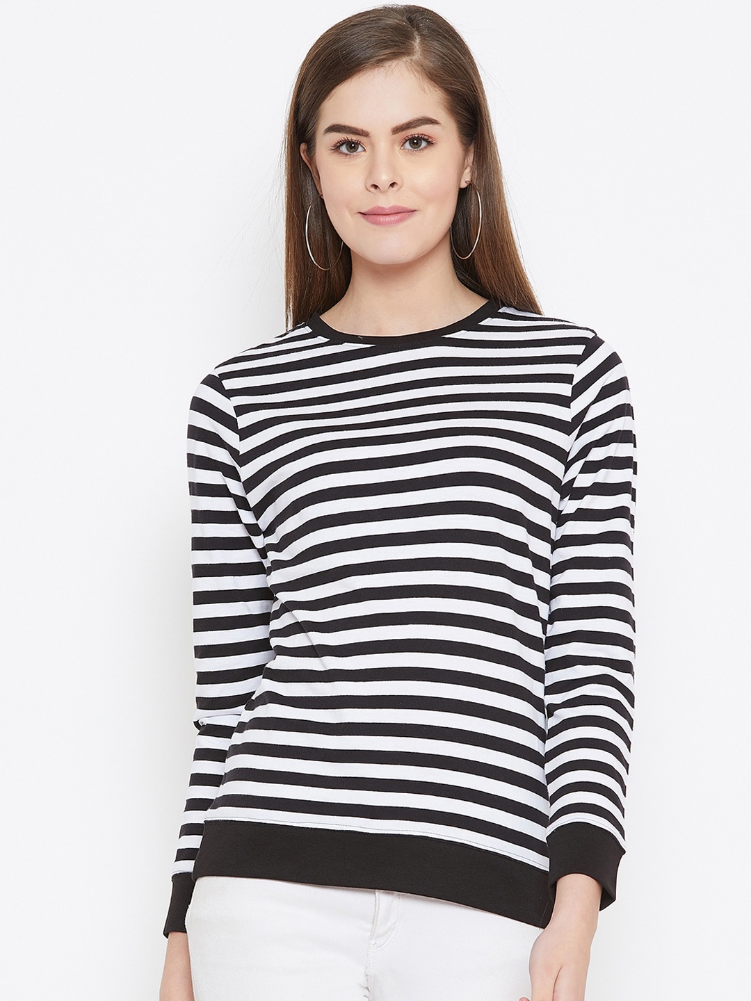 

GRITSTONES Women White & Black Striped Round Neck T-shirt