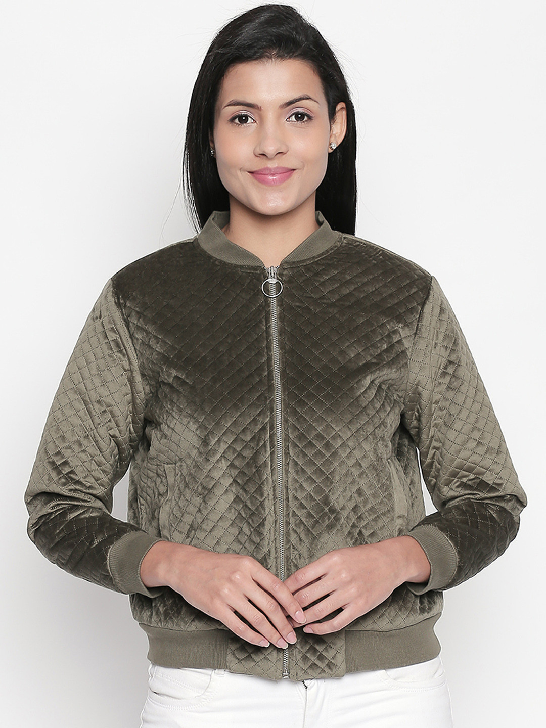 

Honey by Pantaloons Women Olive Green Self Design Bomber Jacket