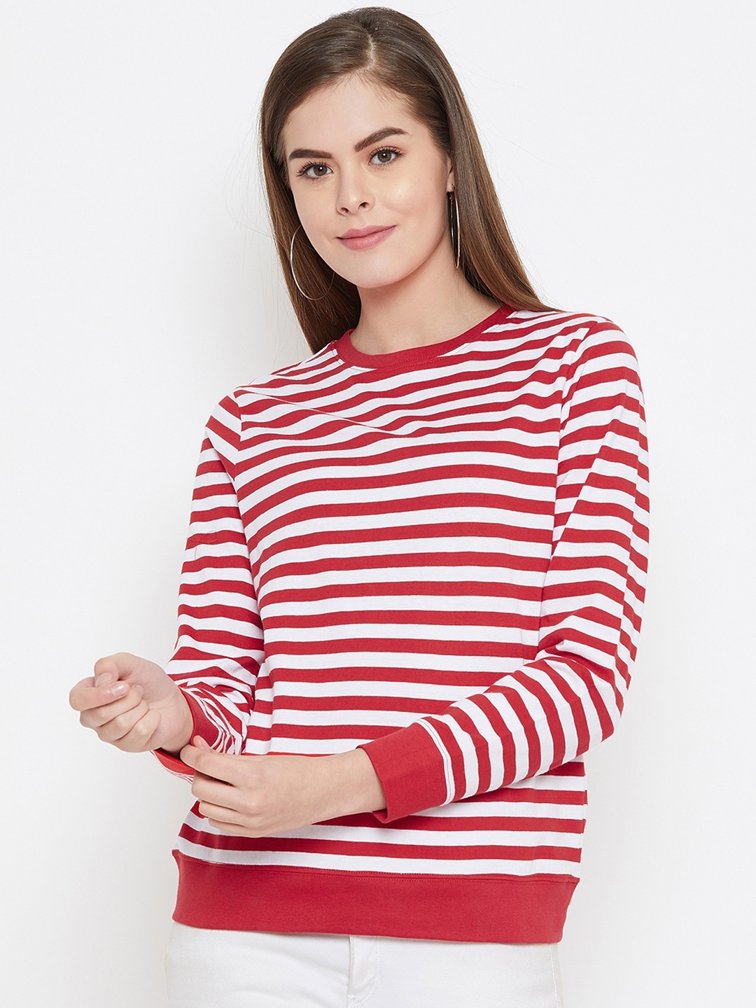 

GRITSTONES Women White & Red Striped Round Neck T-shirt