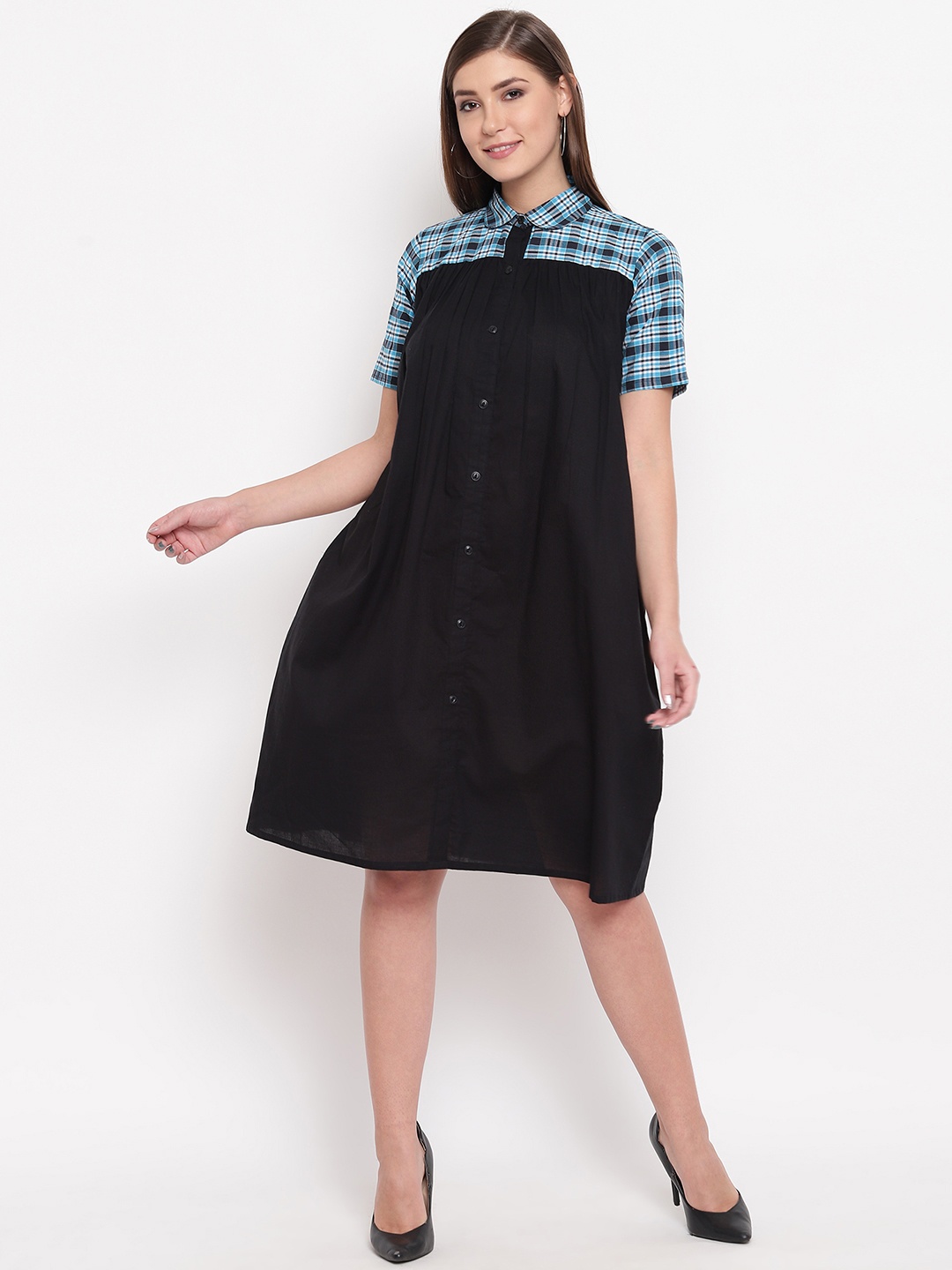 

FABNEST Women Black Checked Shirt Dress