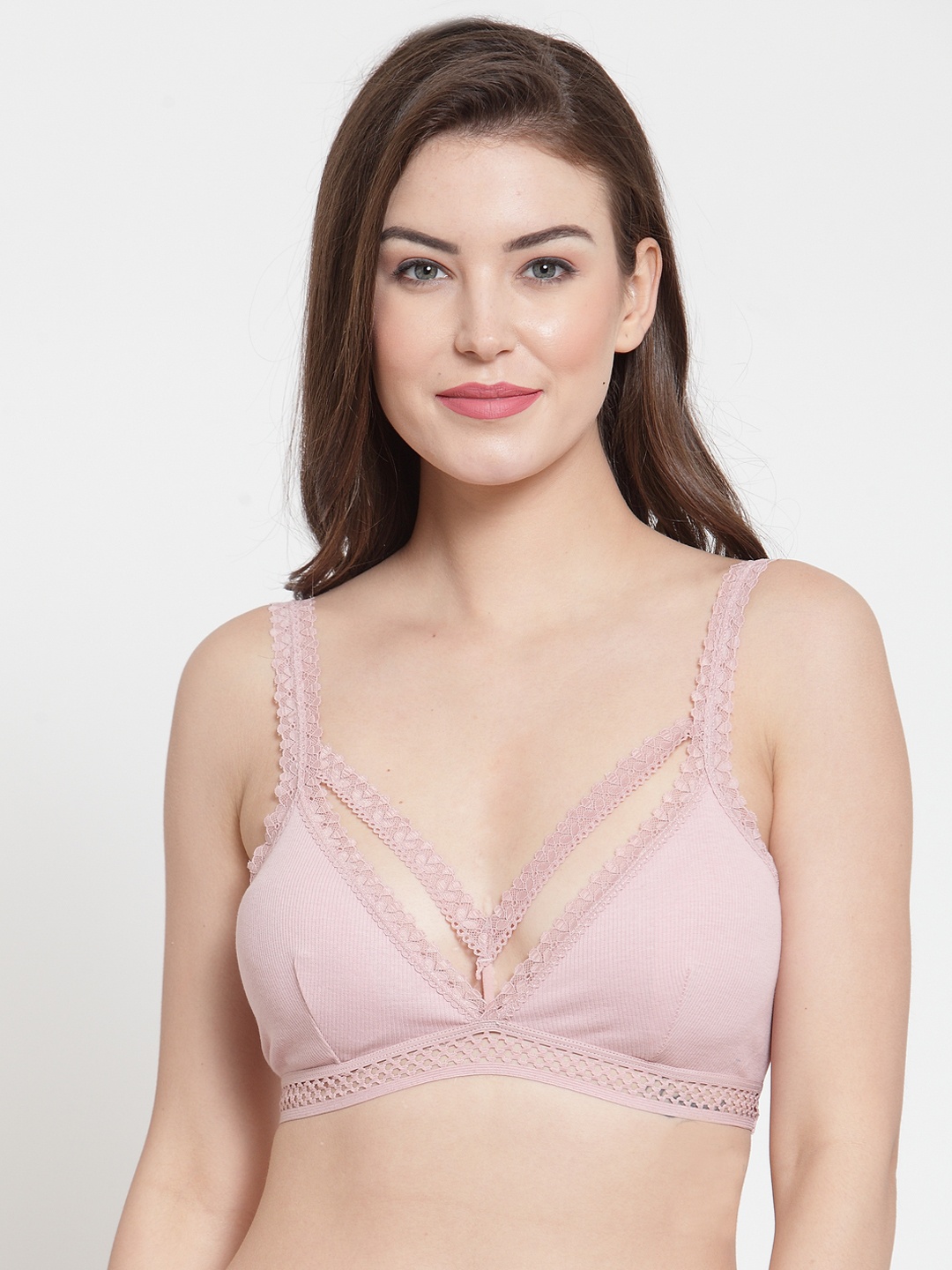 

Laceandme Pink Lace Non-Wired Lightly Padded Bralette Bra 6006