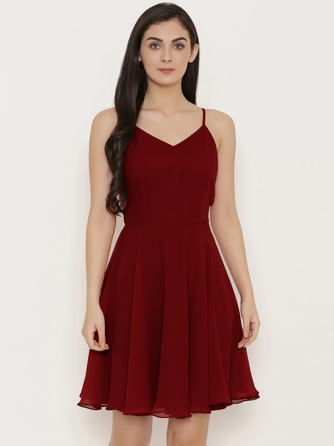 

MABISH by Sonal Jain Women Solid Maroon Fit and Flare Styled Back Dress