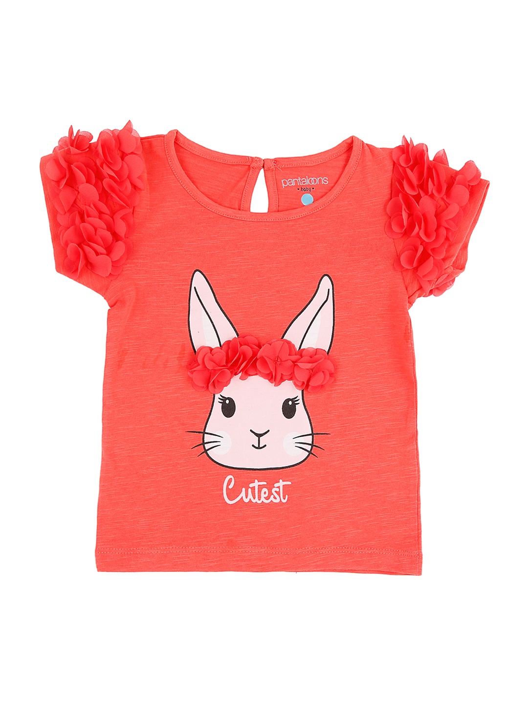 

Pantaloons Baby Girls Coral Red Printed Round Neck Pure Cotton T-shirt
