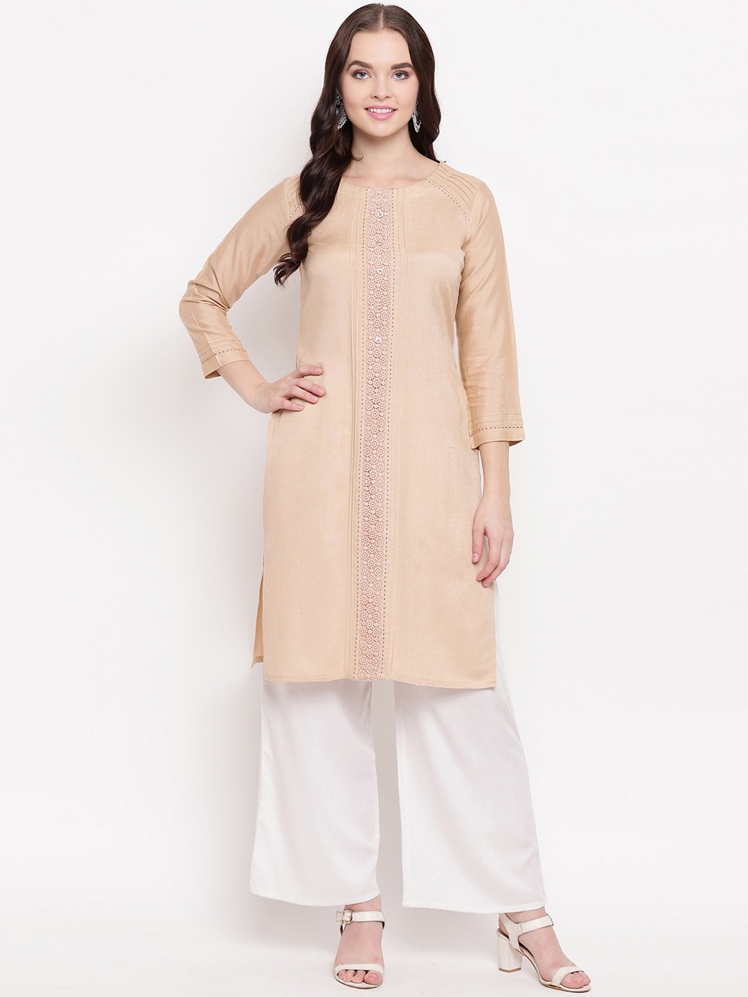 

Kvsfab Women Beige Woven Design Straight Kurta
