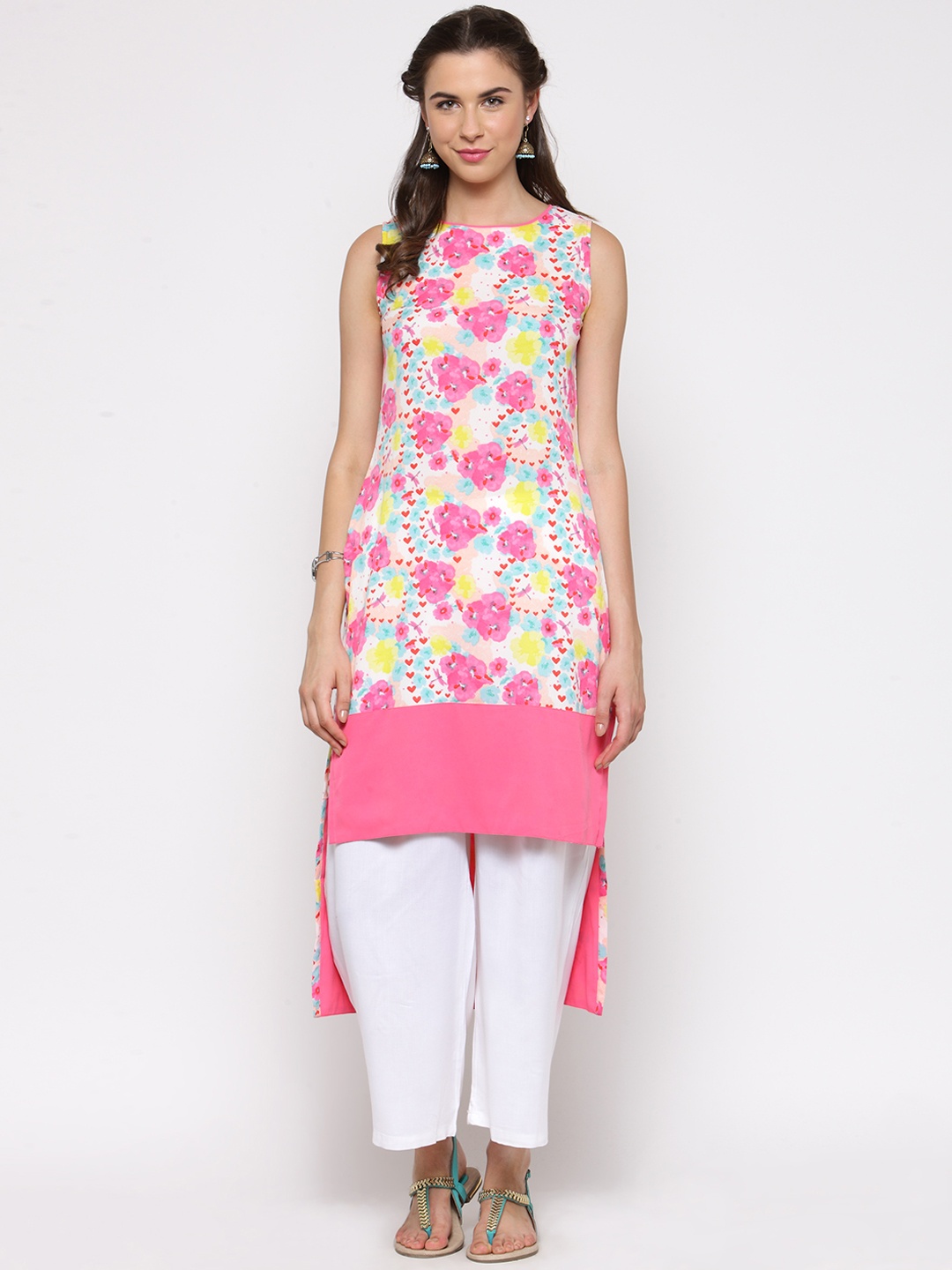 

Sera Women Pink & White Floral Print Straight Kurta