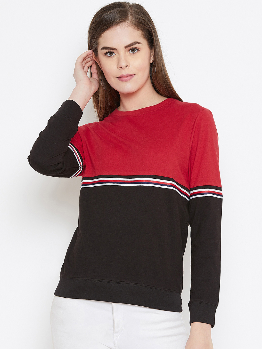 

GRITSTONES Women Red & Black Colourblocked Round Neck T-shirt