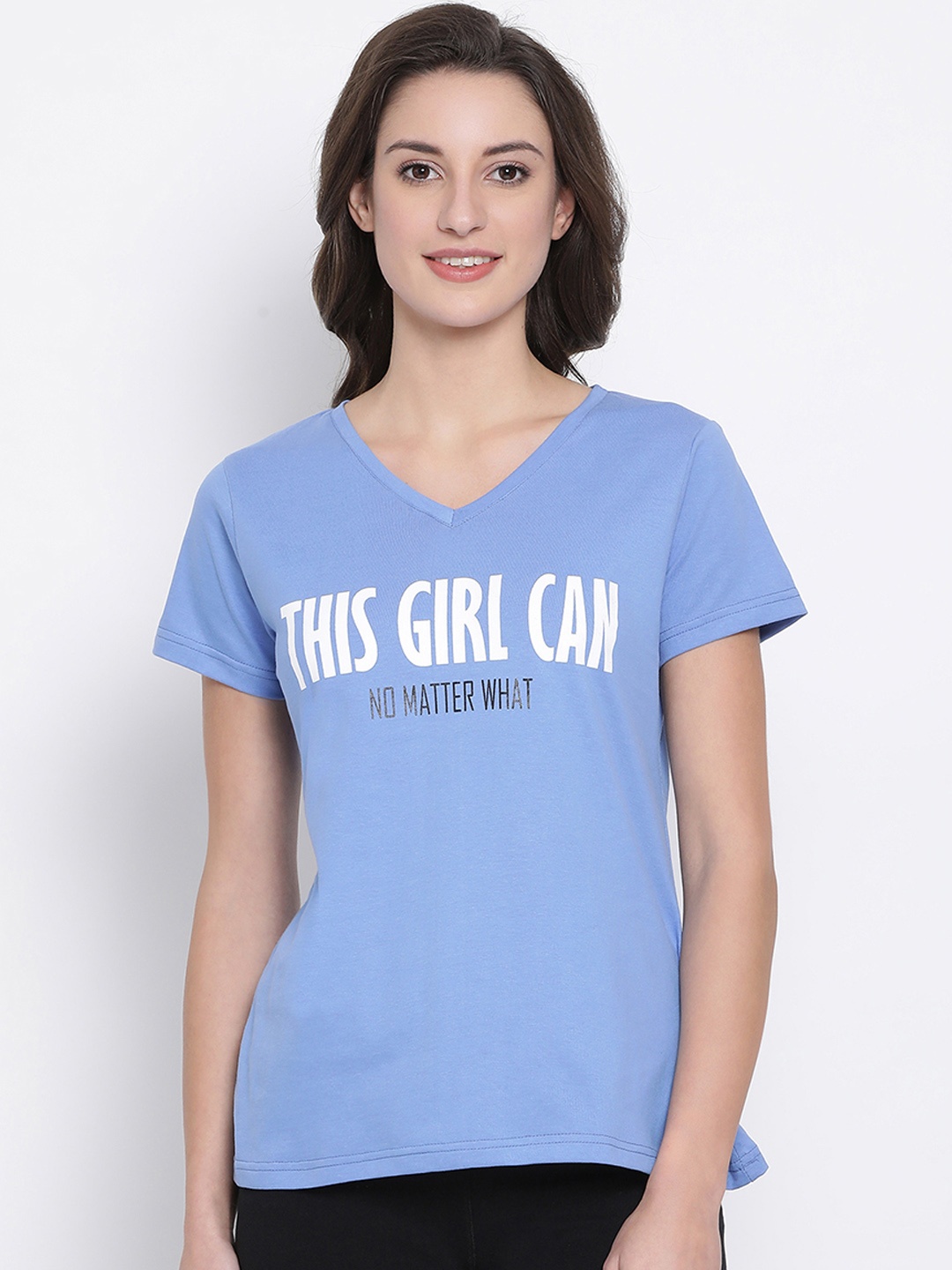 

Clovia Women Blue Printed V-Neck T-shirt