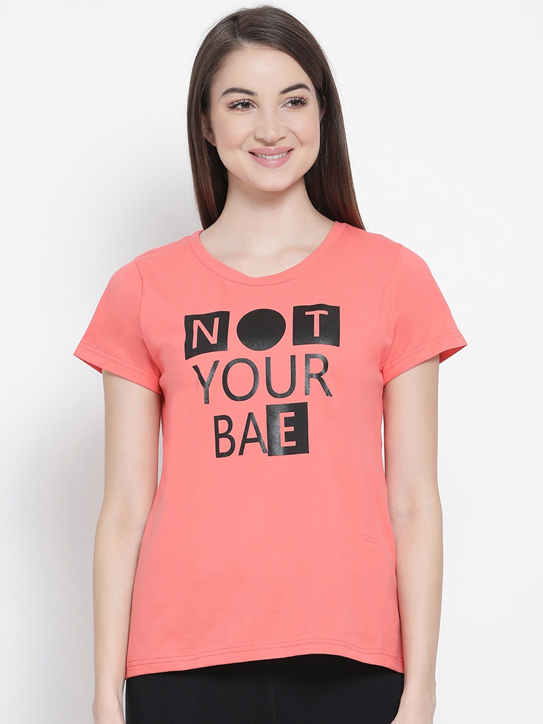 

Clovia Women Peach-Coloured Printed V-Neck T-shirt, Pink