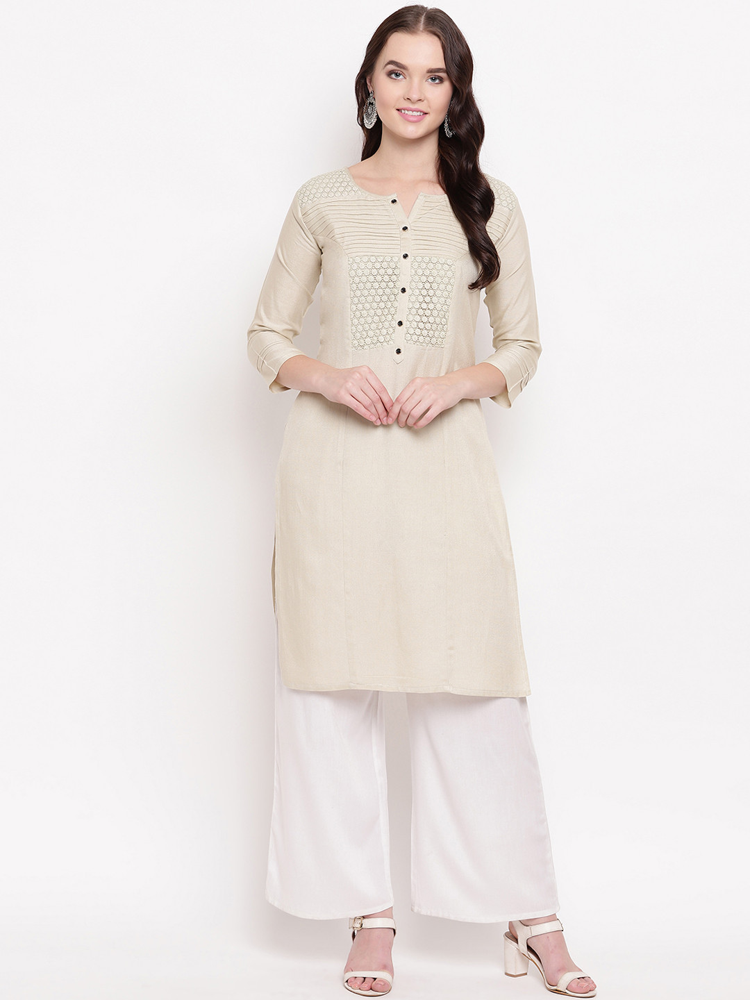 

Kvsfab Women Beige Woven Design Straight Kurta