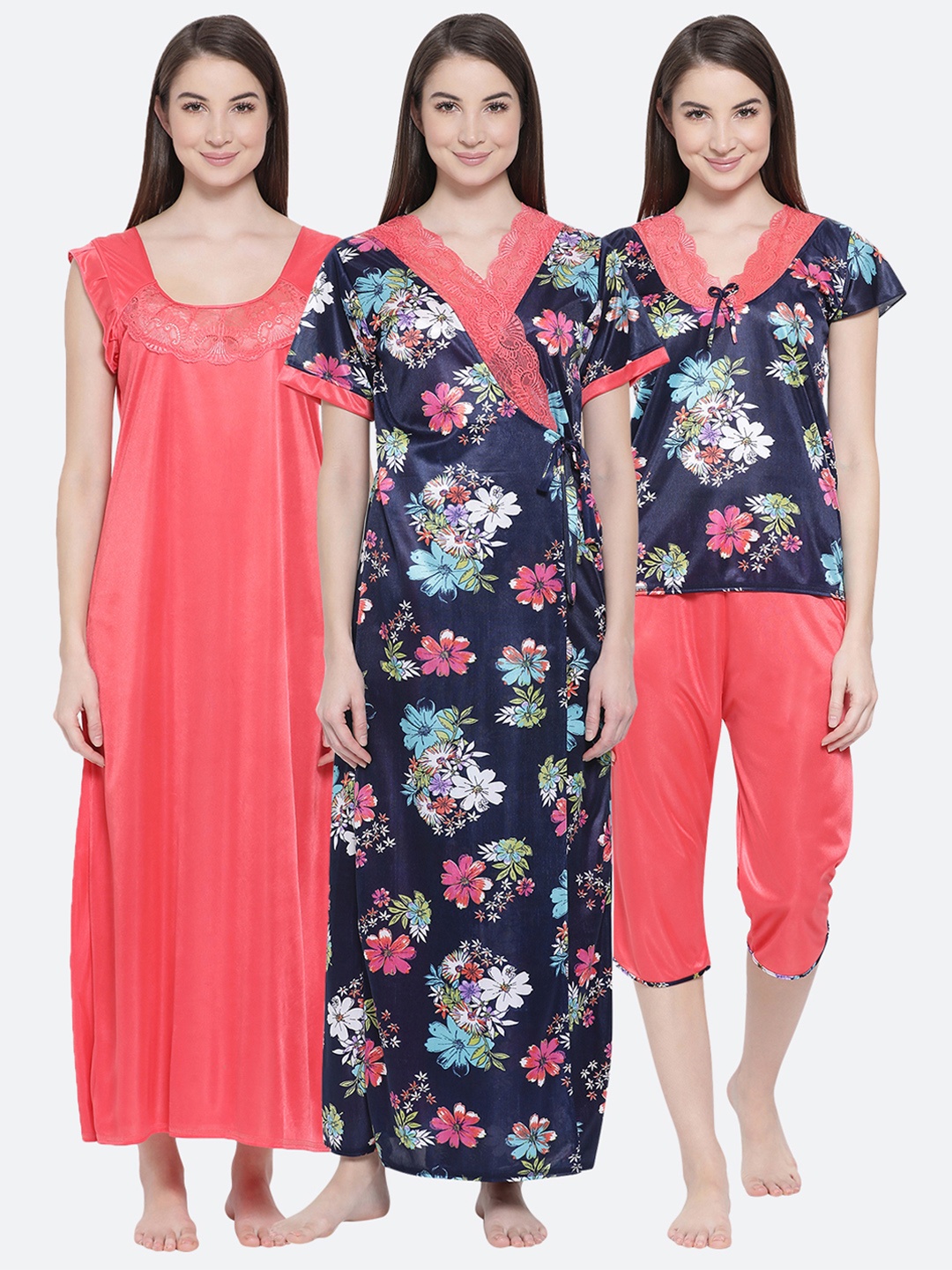 

Clovia Women Pack Of 4 Red & Navy Blue Printed Night Dress