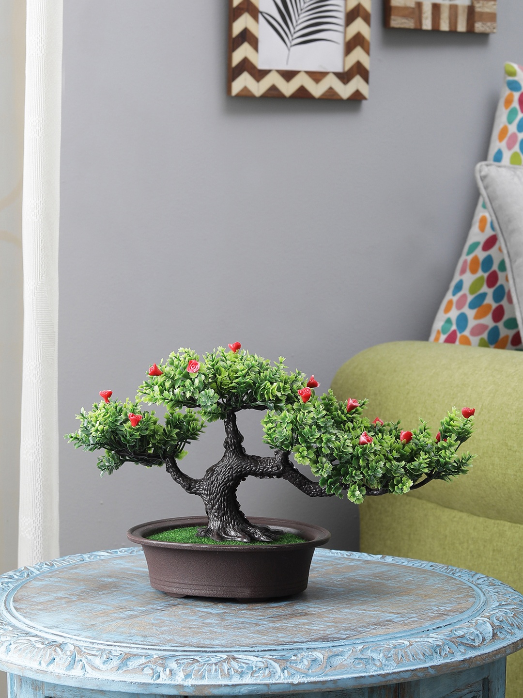 

FOLIYAJ Green & Red 4 Head Bent Bonsai Tree Artificial Plant with Pot