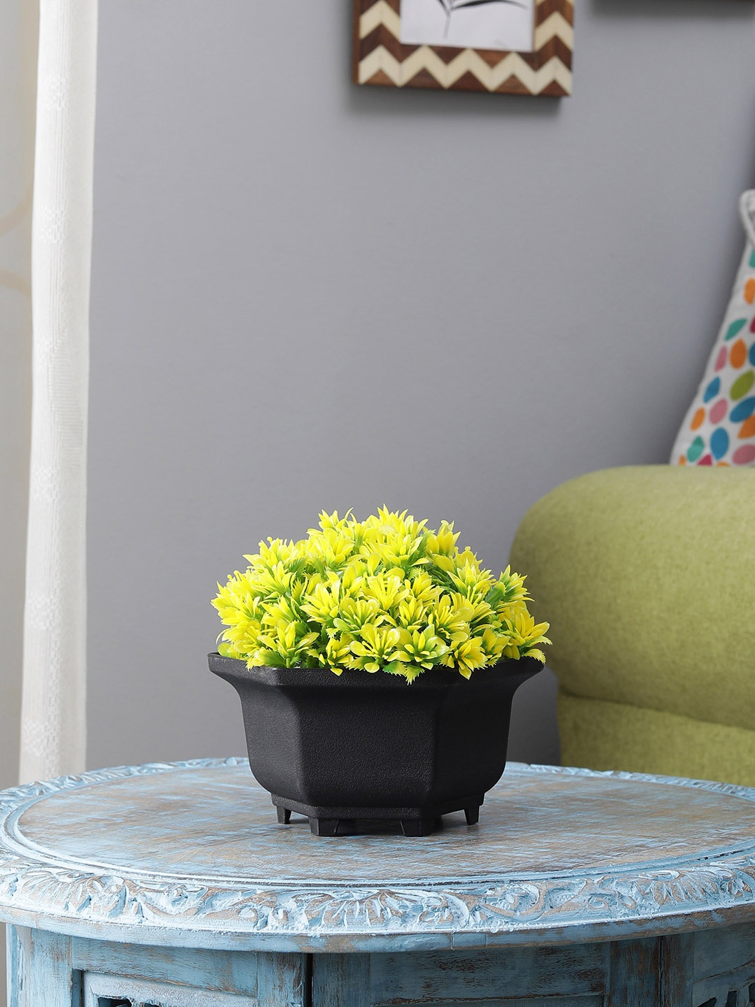 

FOLIYAJ Green & Yellow Artificial Plant With Black Pot