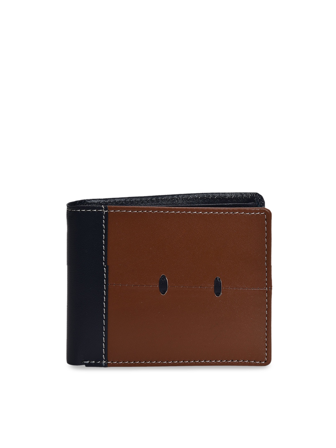 

Peseta Men Tan Brown & Navy Blue Colourblocked Genuine Leather Two Fold Wallet