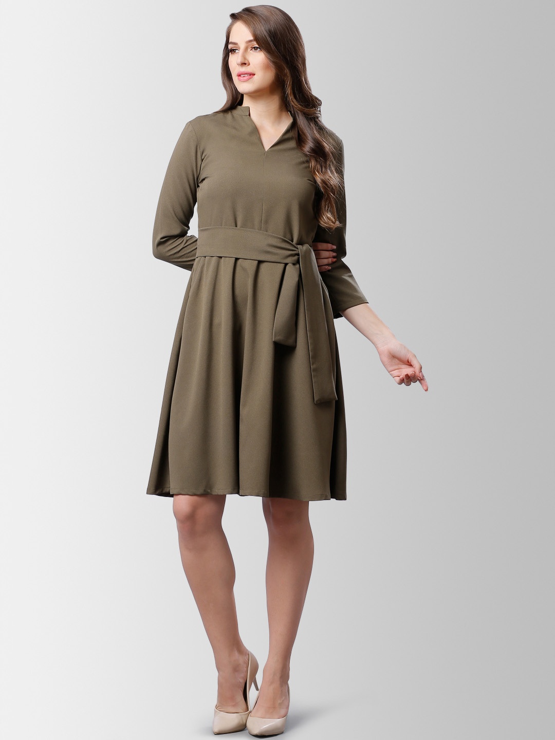 FableStreet Women Solid Olive Brown Fit and Flare Dress