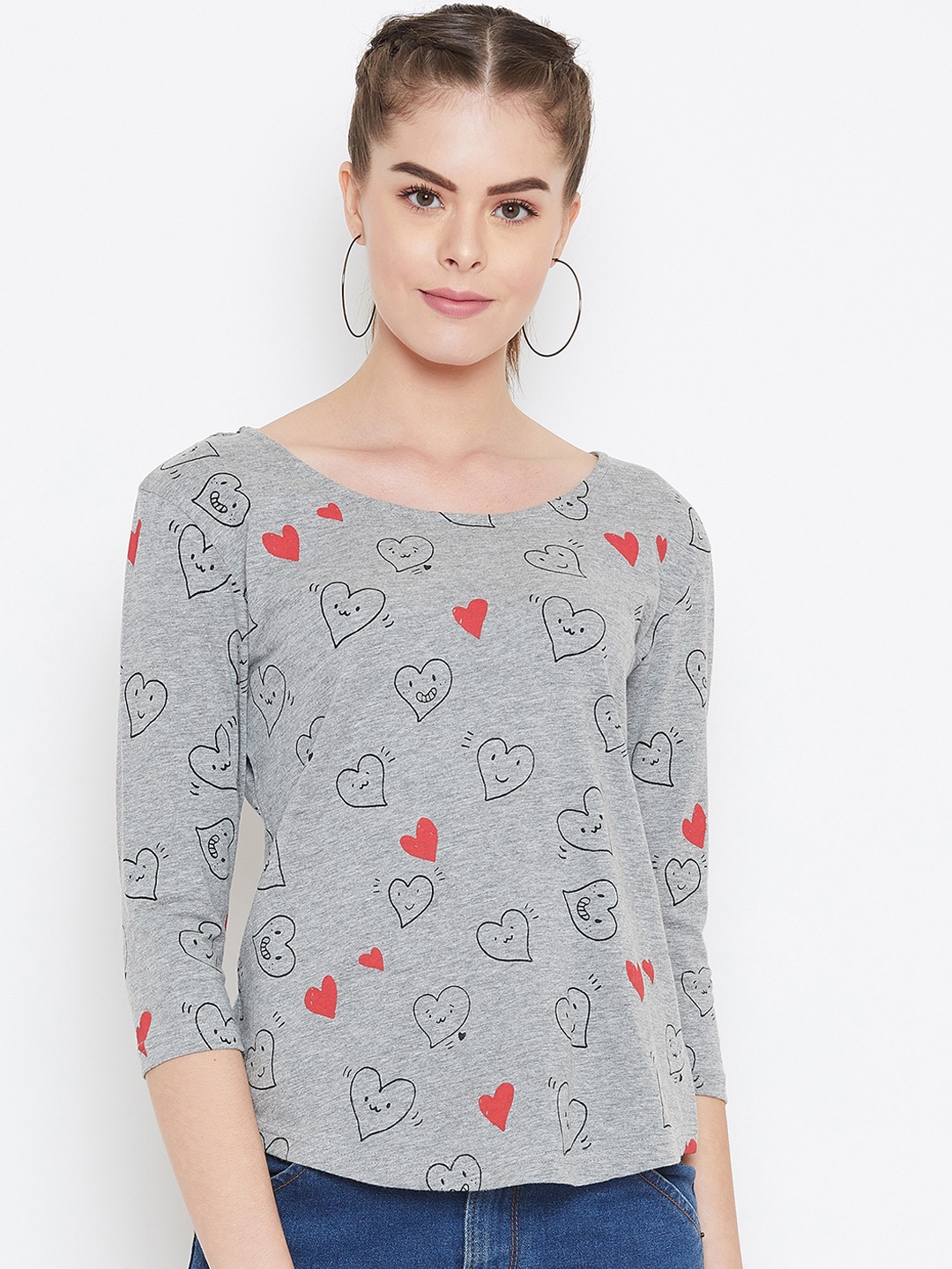 

GRITSTONES Women Grey Heart Print Pure Cotton Top